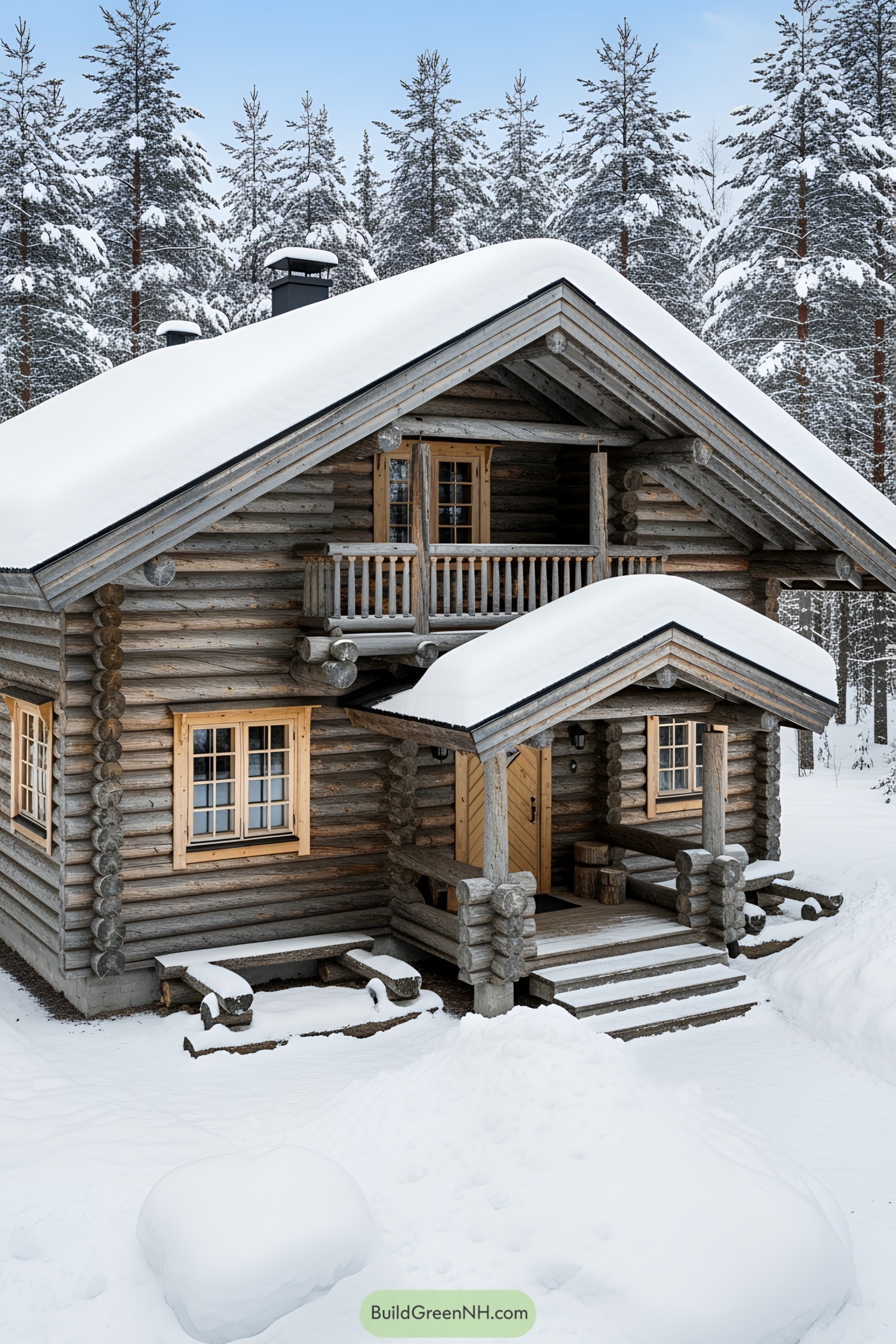 Log cabin surrounded by snowy forest