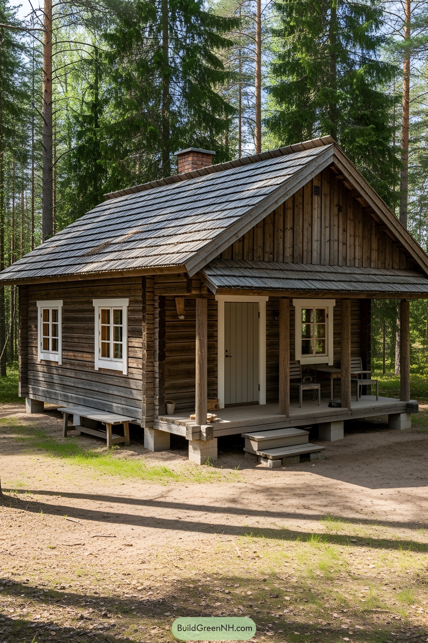 Rustic wooden cabin nestled among tall pines