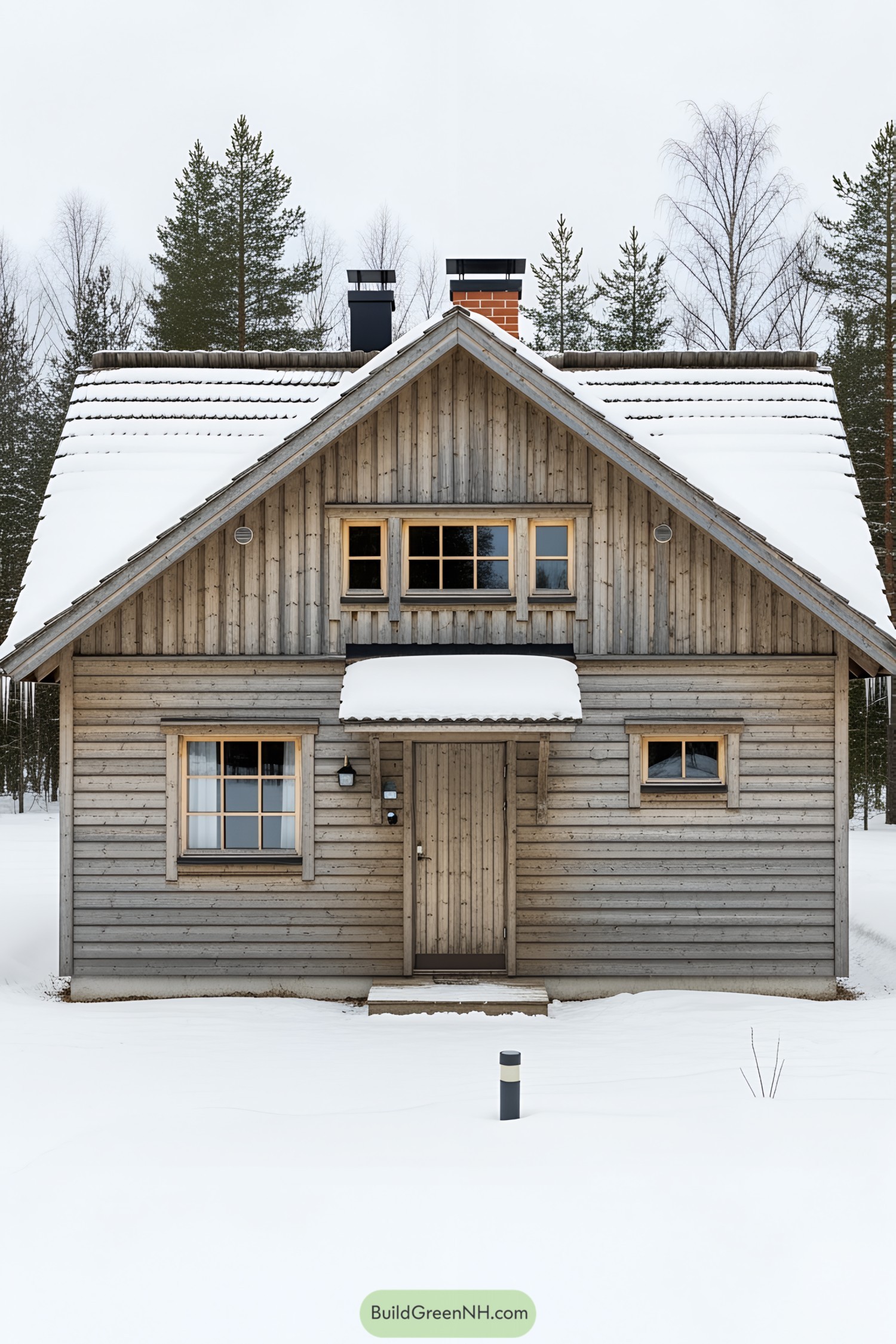 Snow-covered wooden cottage surrounded by trees