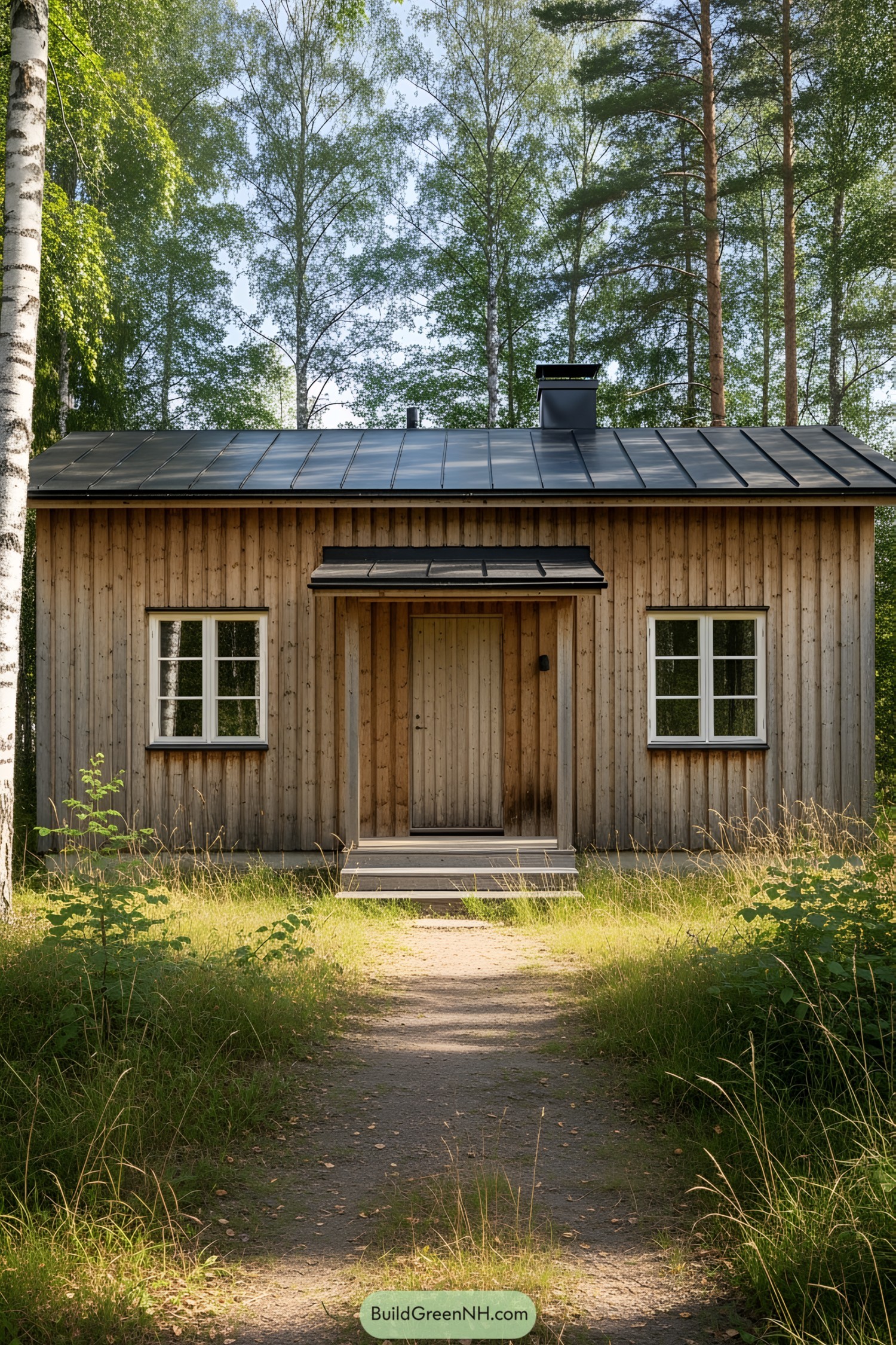 Charming wooden cabin surrounded by lush trees