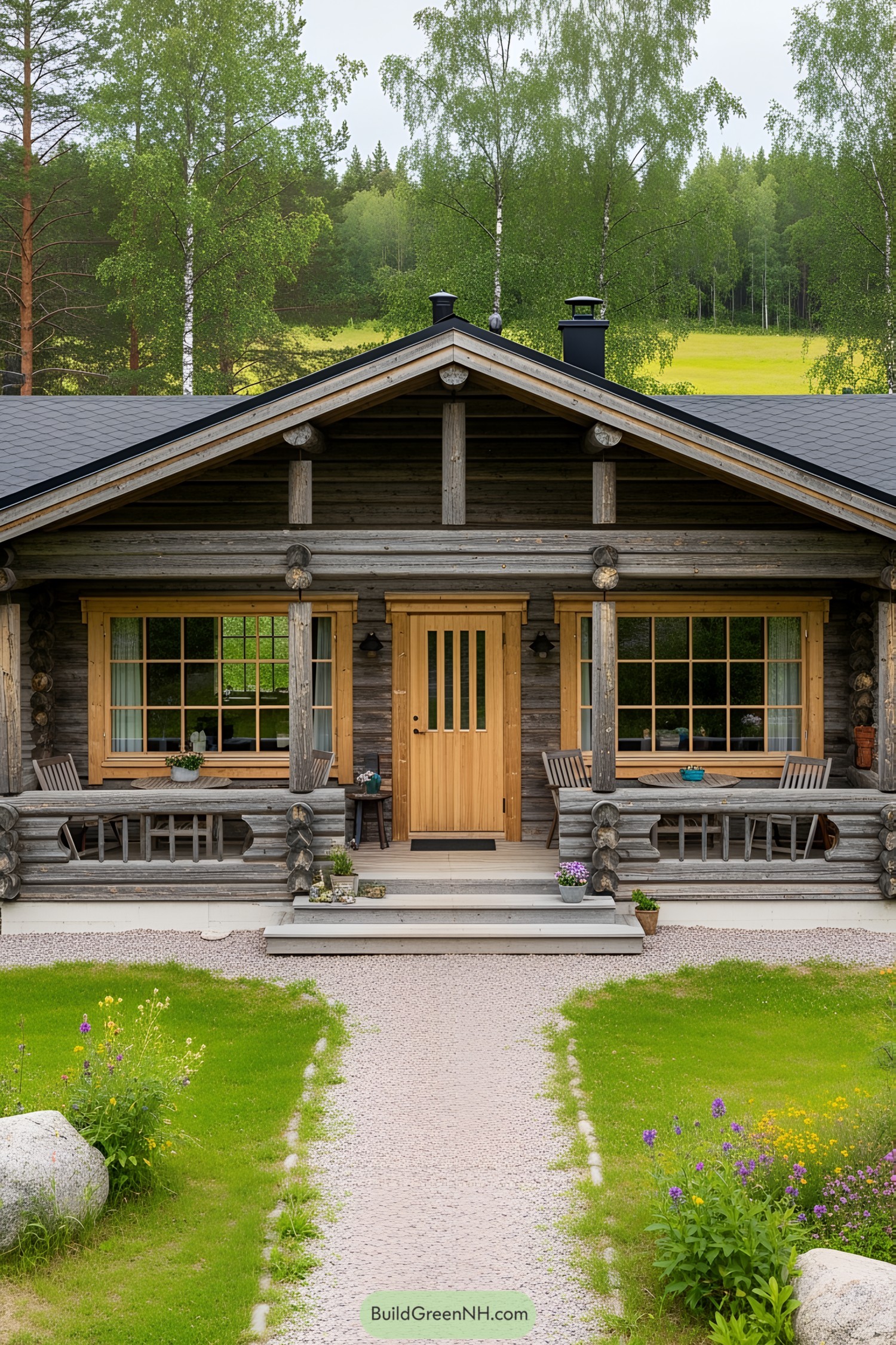Log cabin with wooden porch in a forest setting