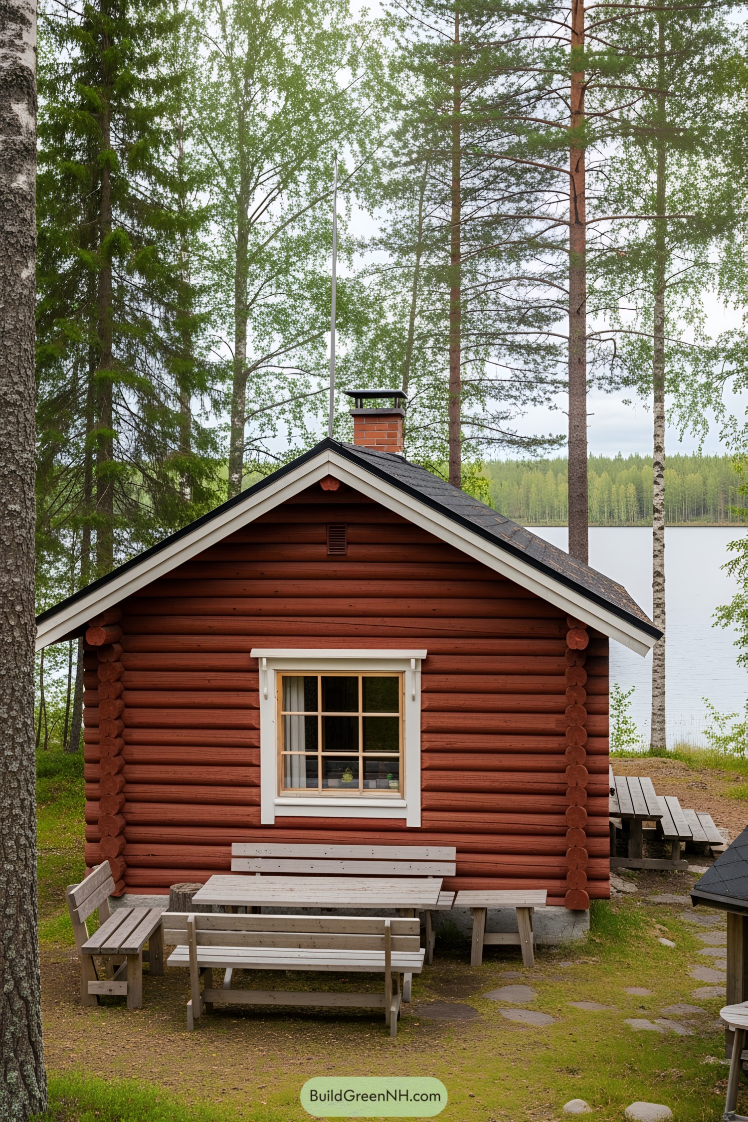 Rustic red cabin nestled by a lake