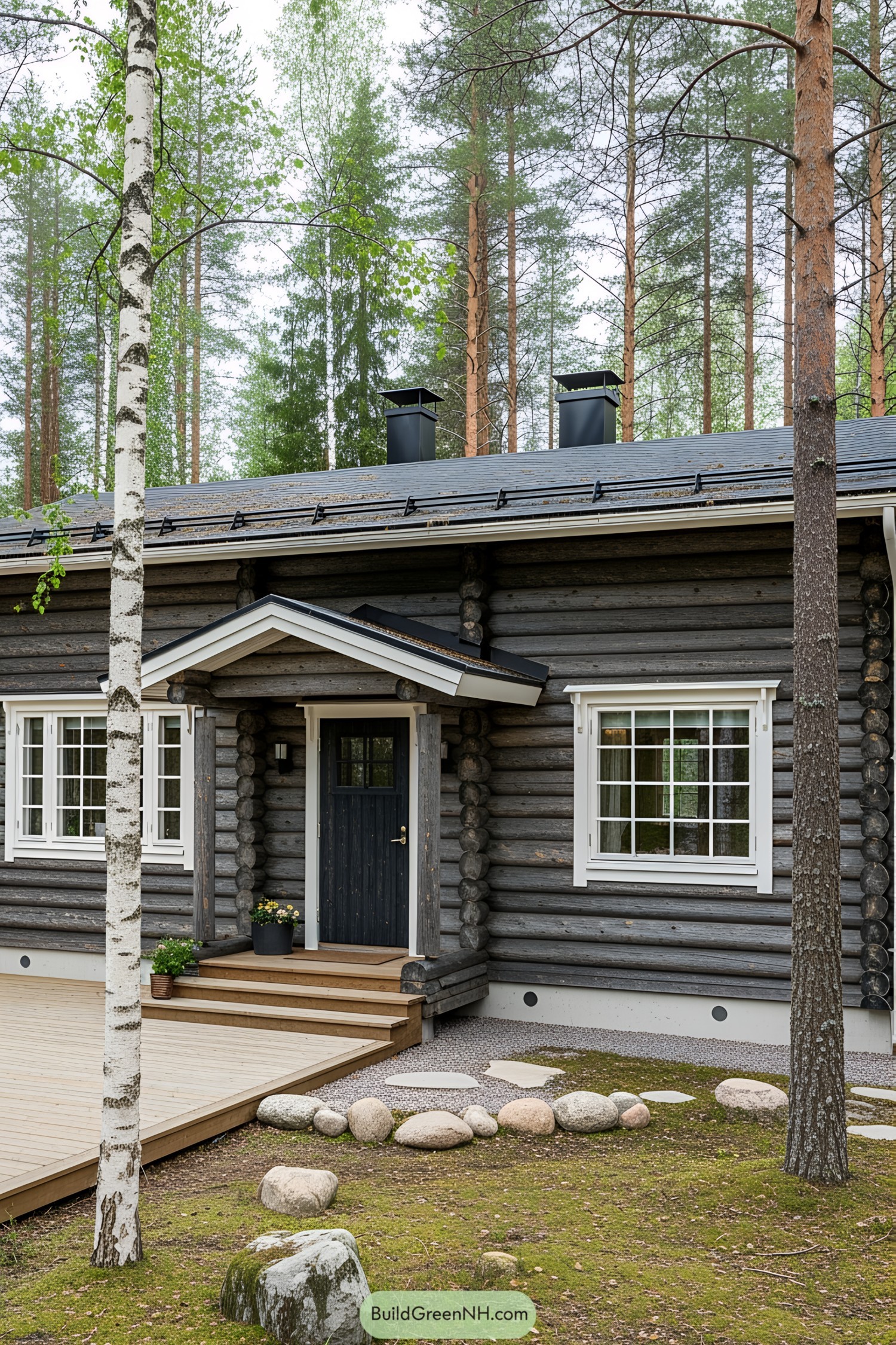 Cozy grey log cabin with white-framed windows set in a serene forest
