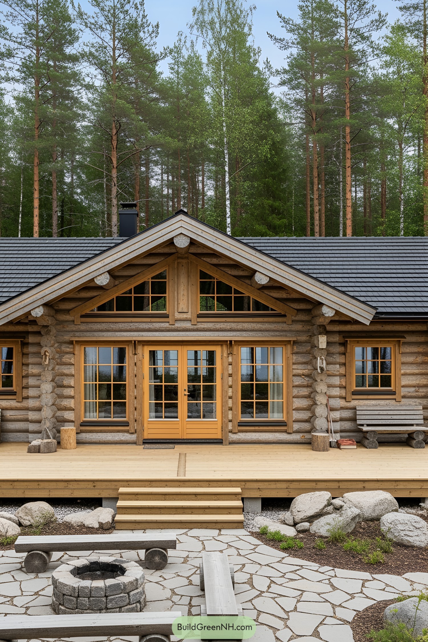 Log cabin with large windows and a stone patio