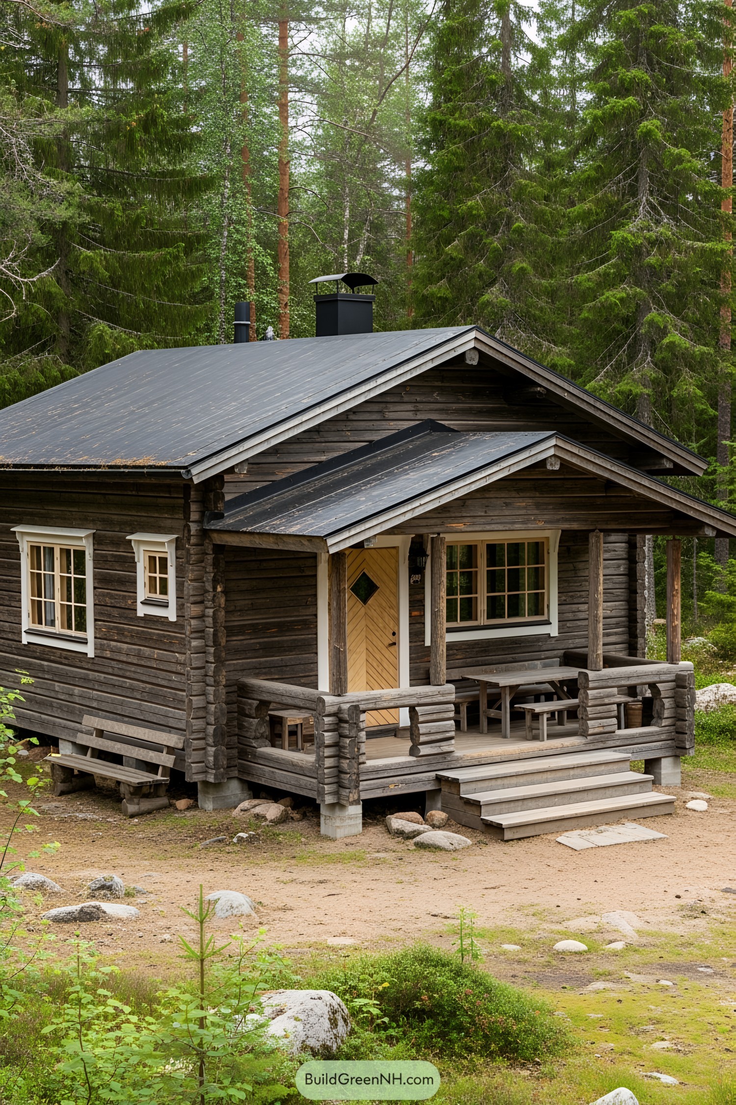 Wooden cottage nestled in a lush forest