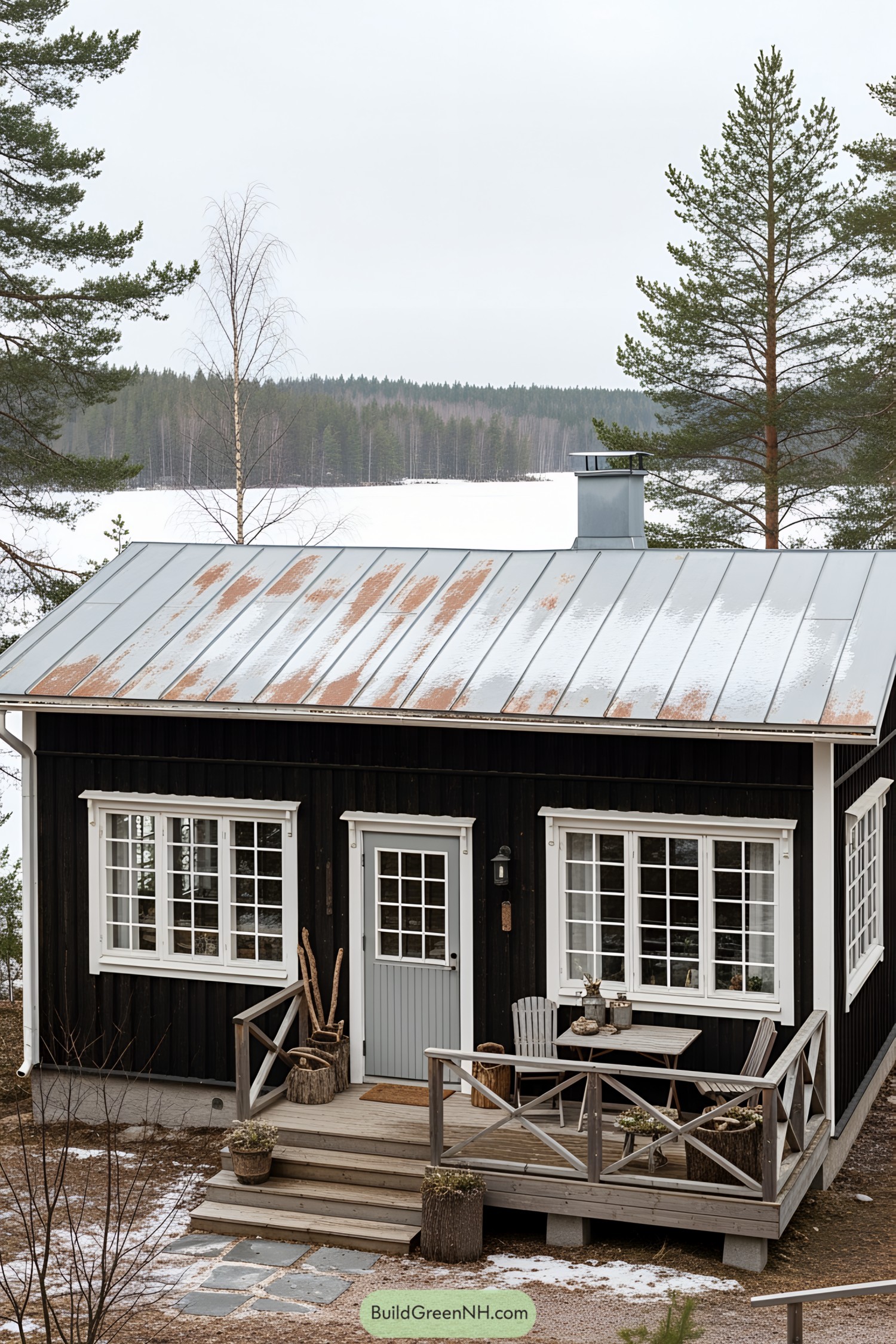Black Finnish cabin with snow-covered roof and cozy porch in a forest setting