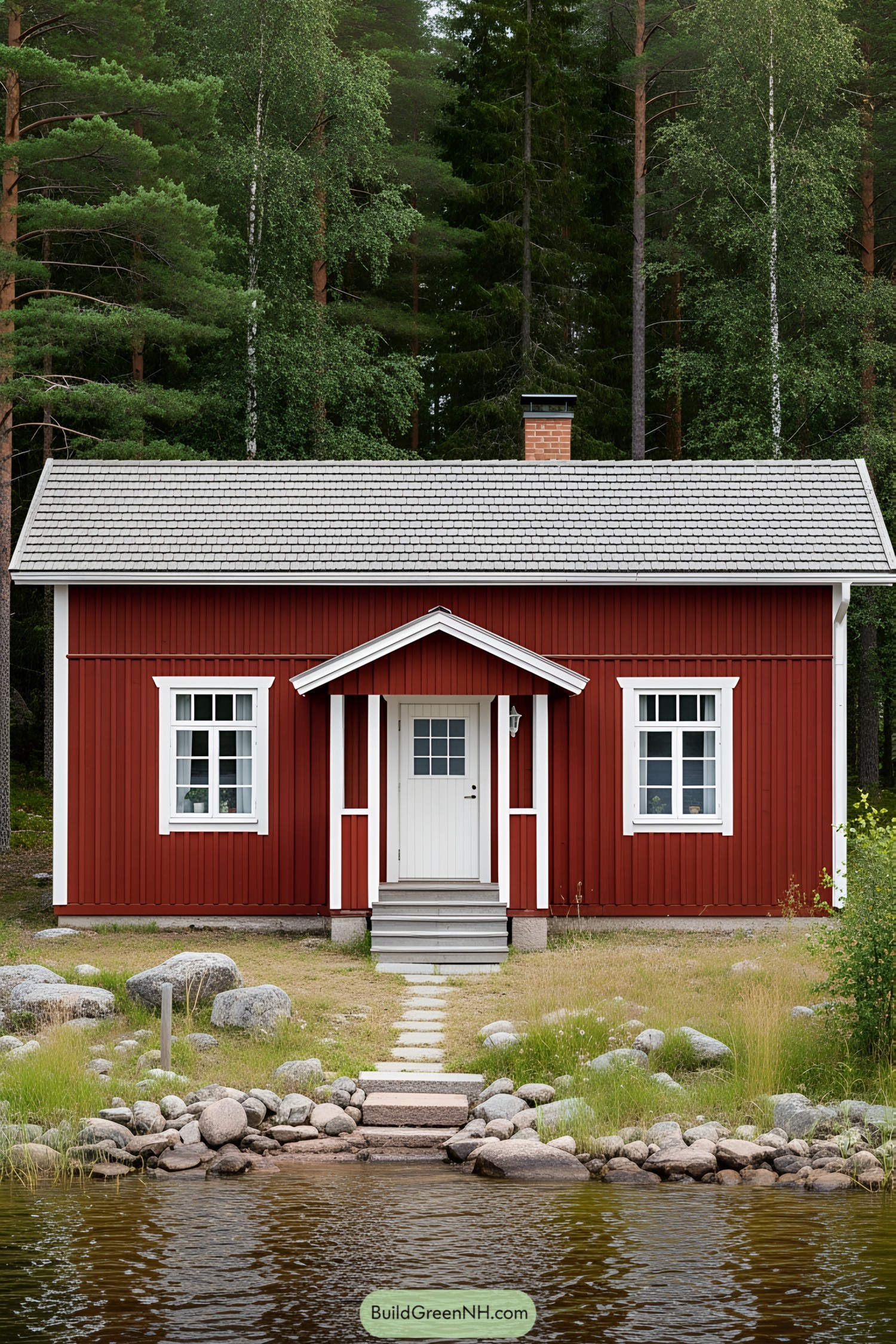 Red cottage with white trim near water and forest