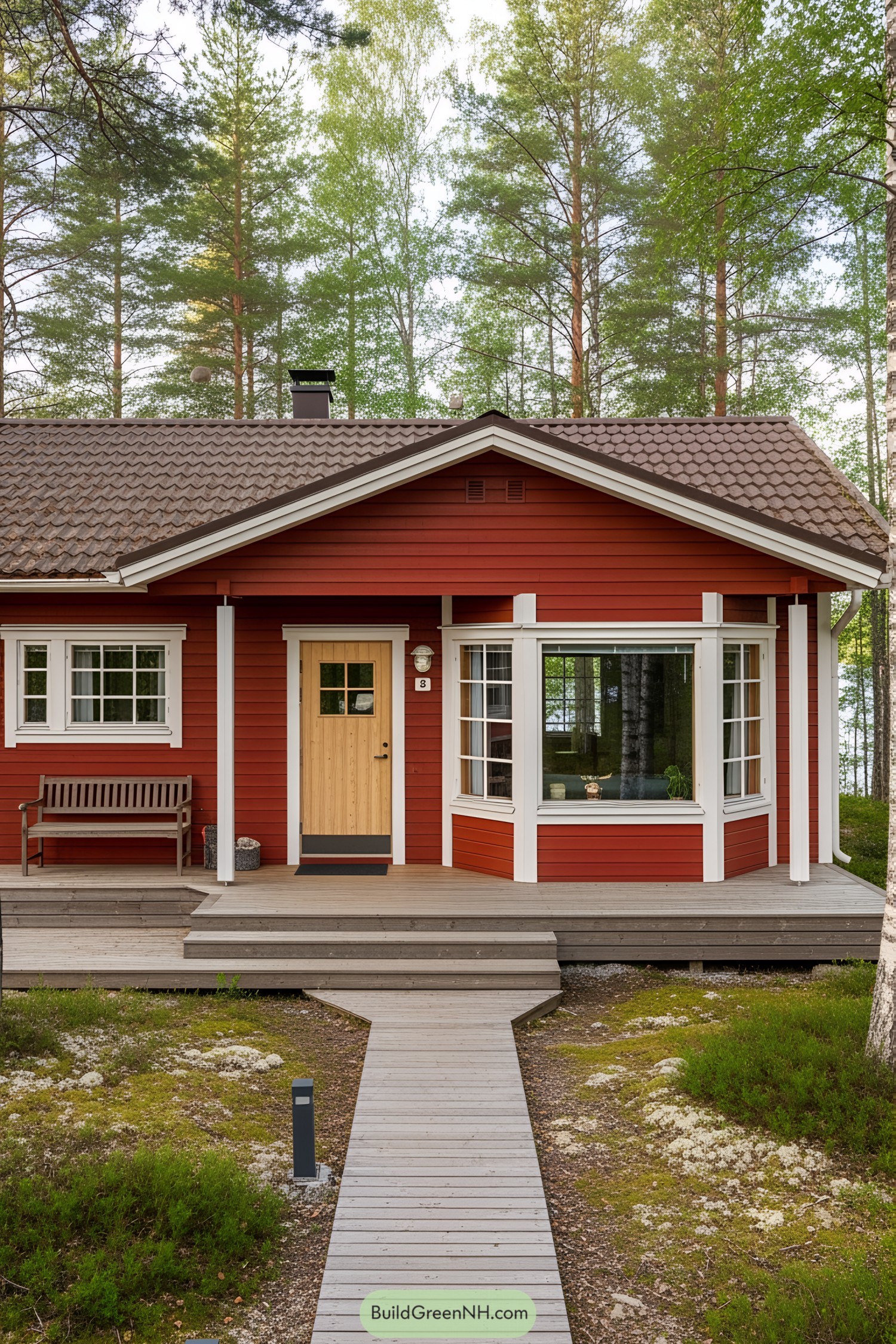 Red cottage with a wooden porch surrounded by trees