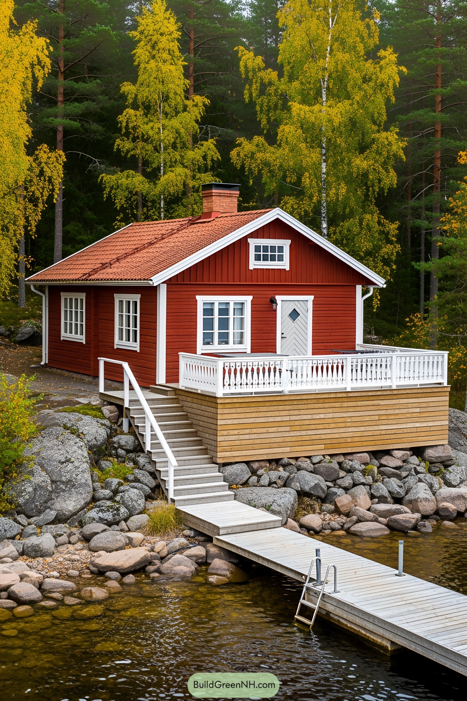 Red cottage with white trim by a lake