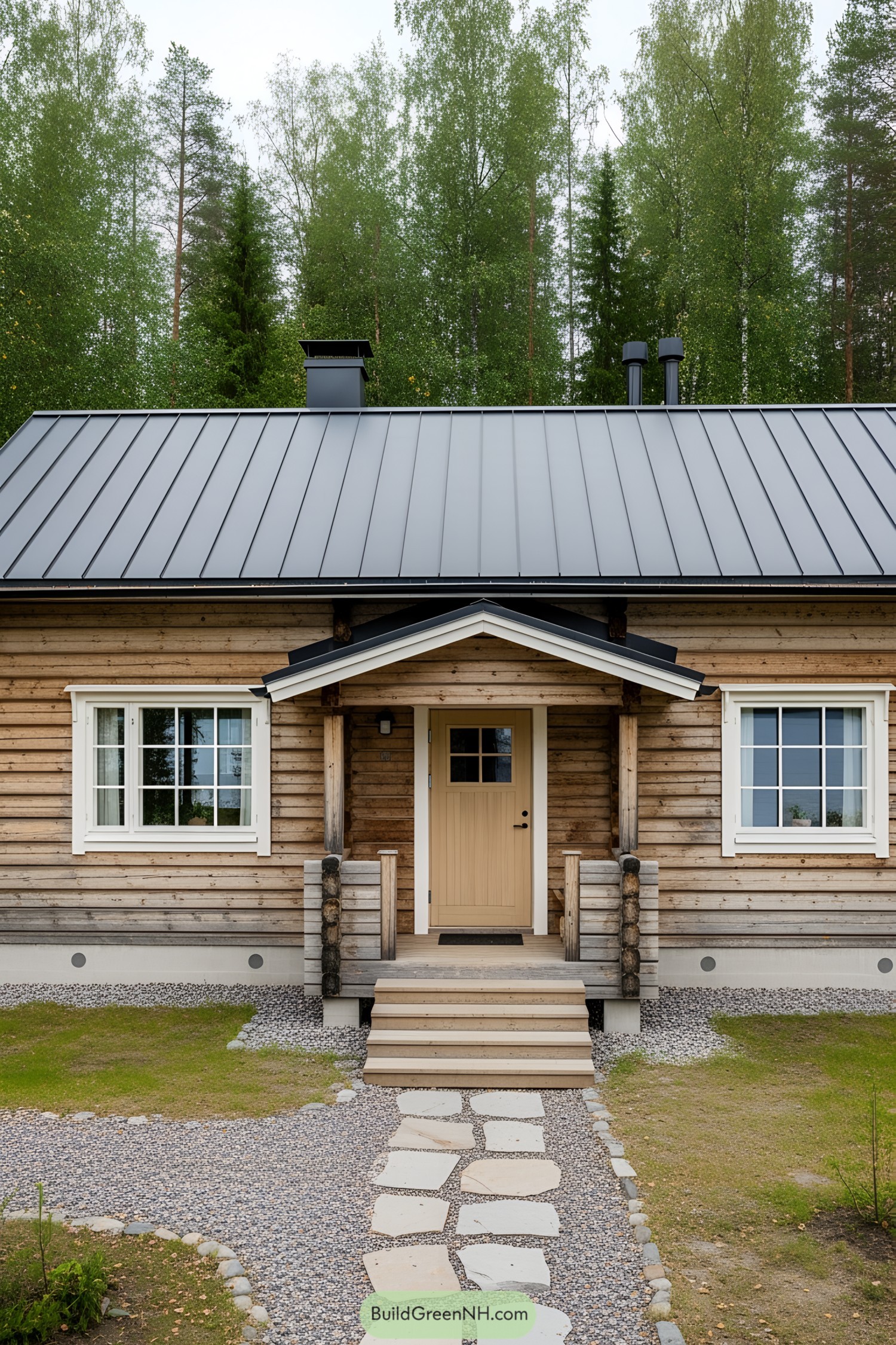 Wooden cabin with a metal roof and stone path