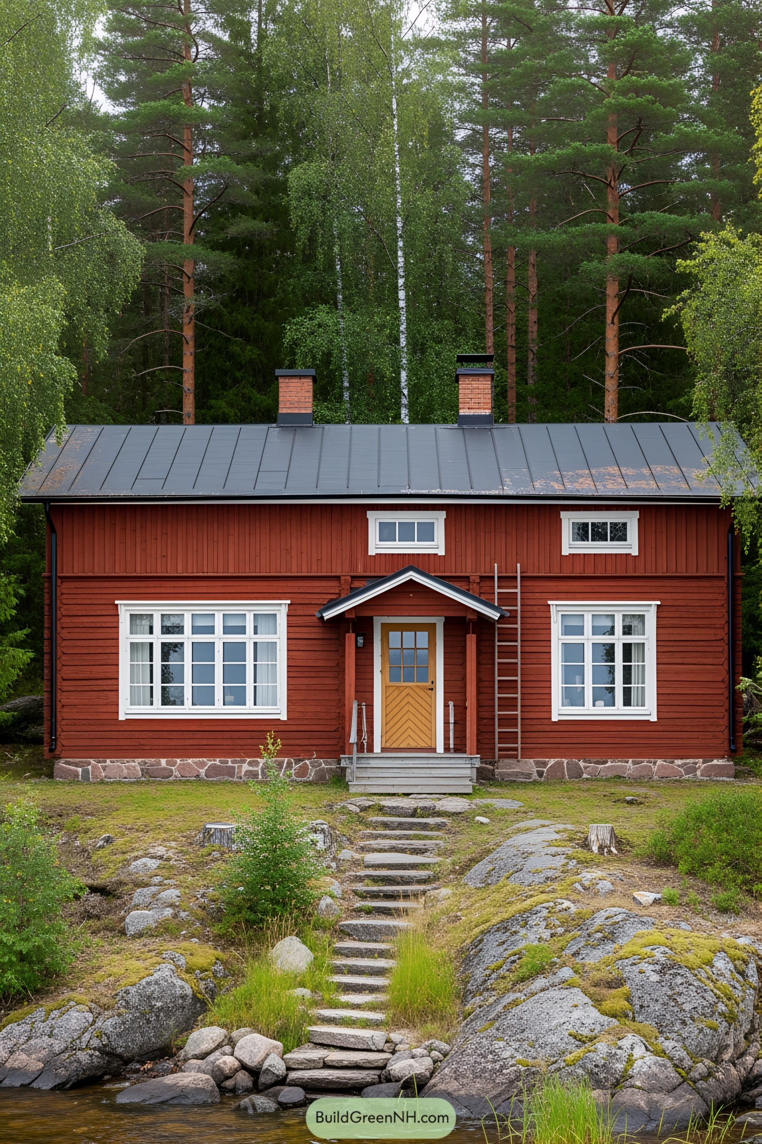 A red wooden cabin with white-trimmed windows in a forest setting