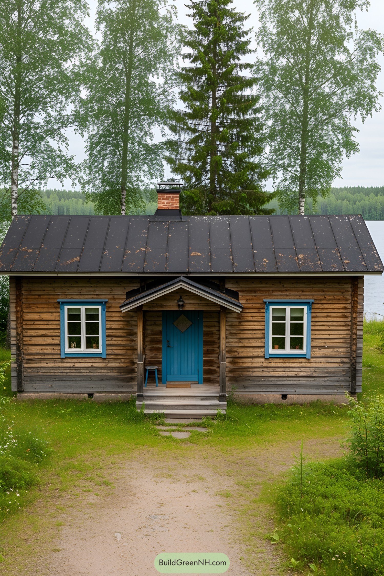 Charming wood cabin with bright blue accents by a lake