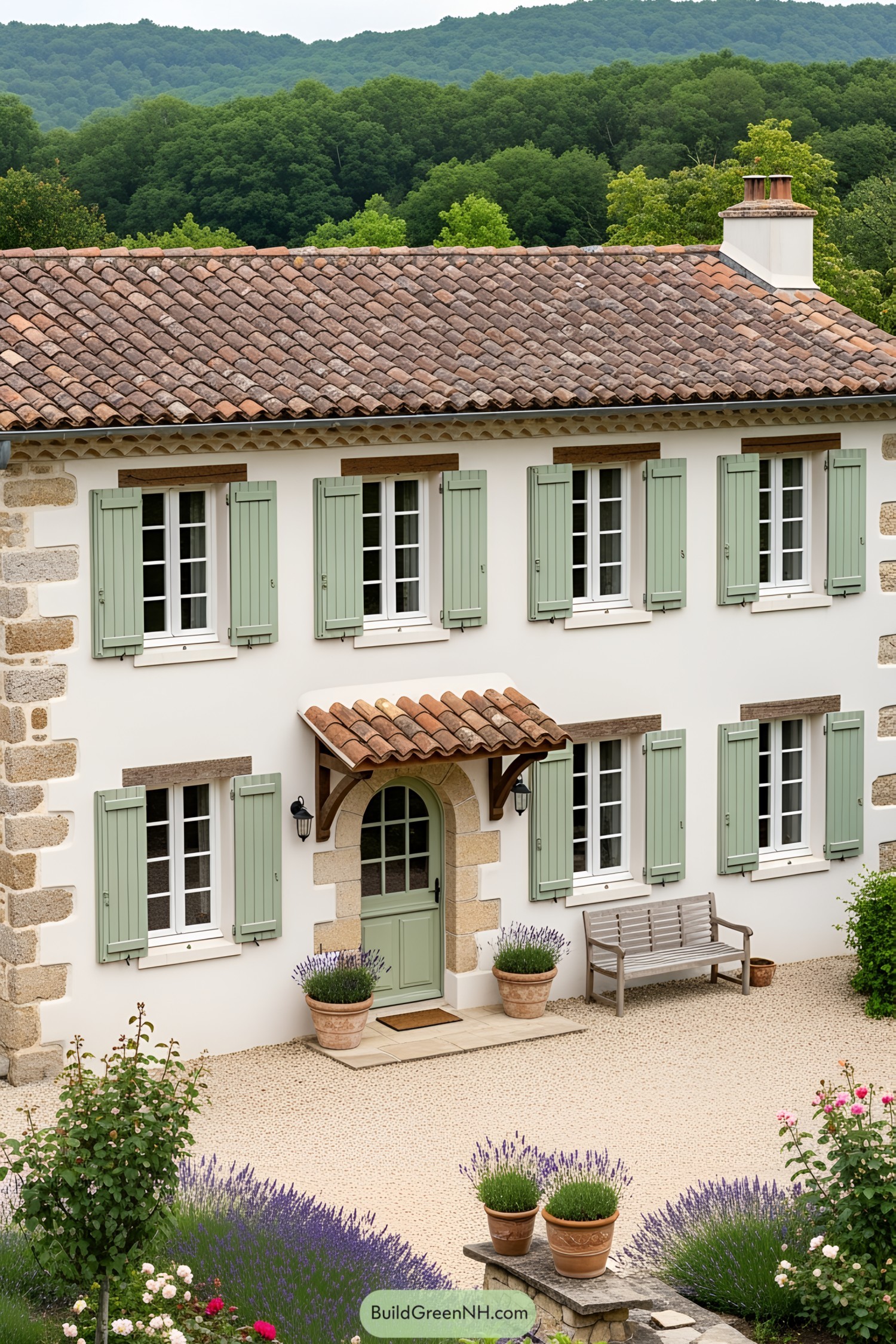 Cozy stone cottage with pastel green shutters