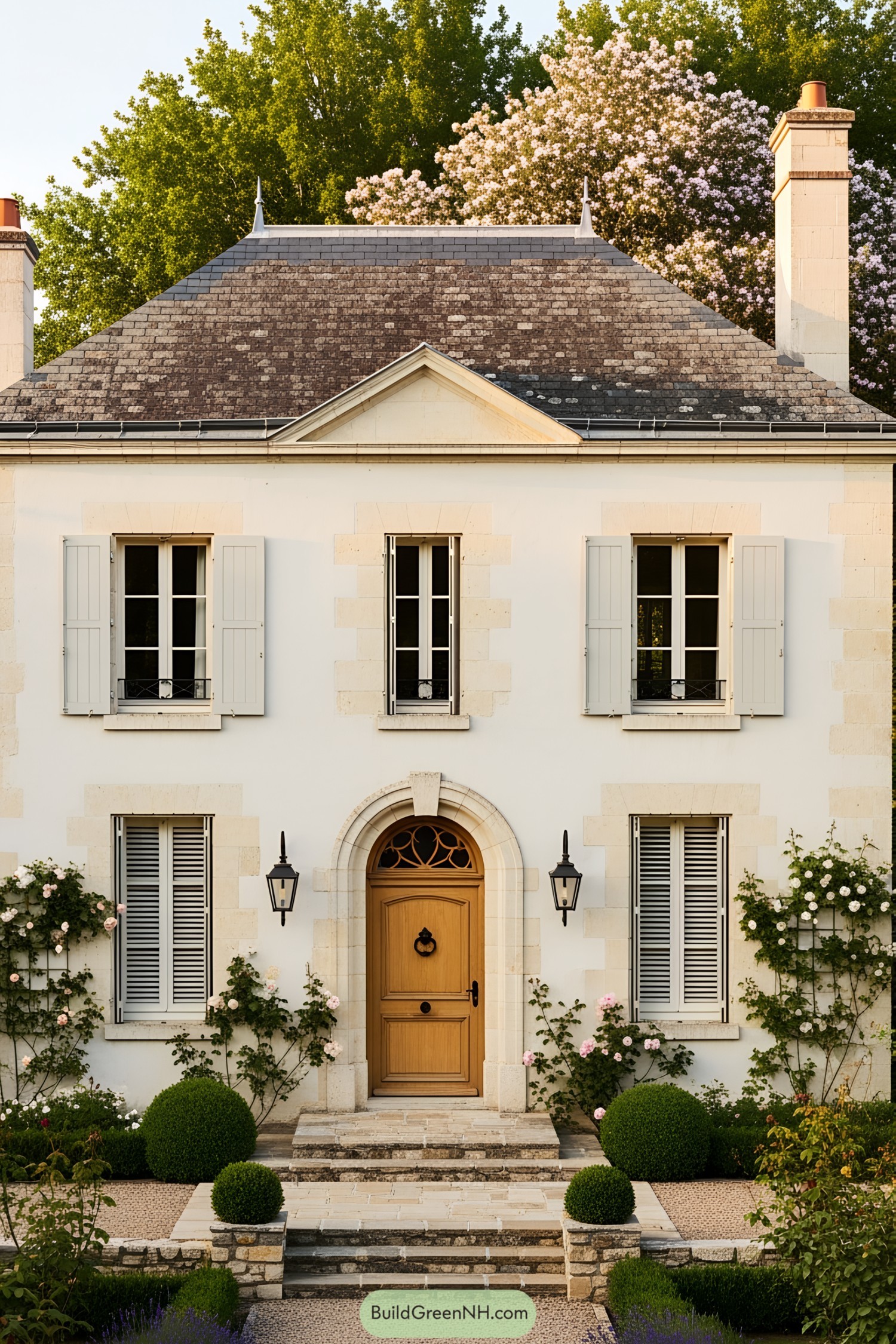 Charming cottage with a wooden door and lush garden
