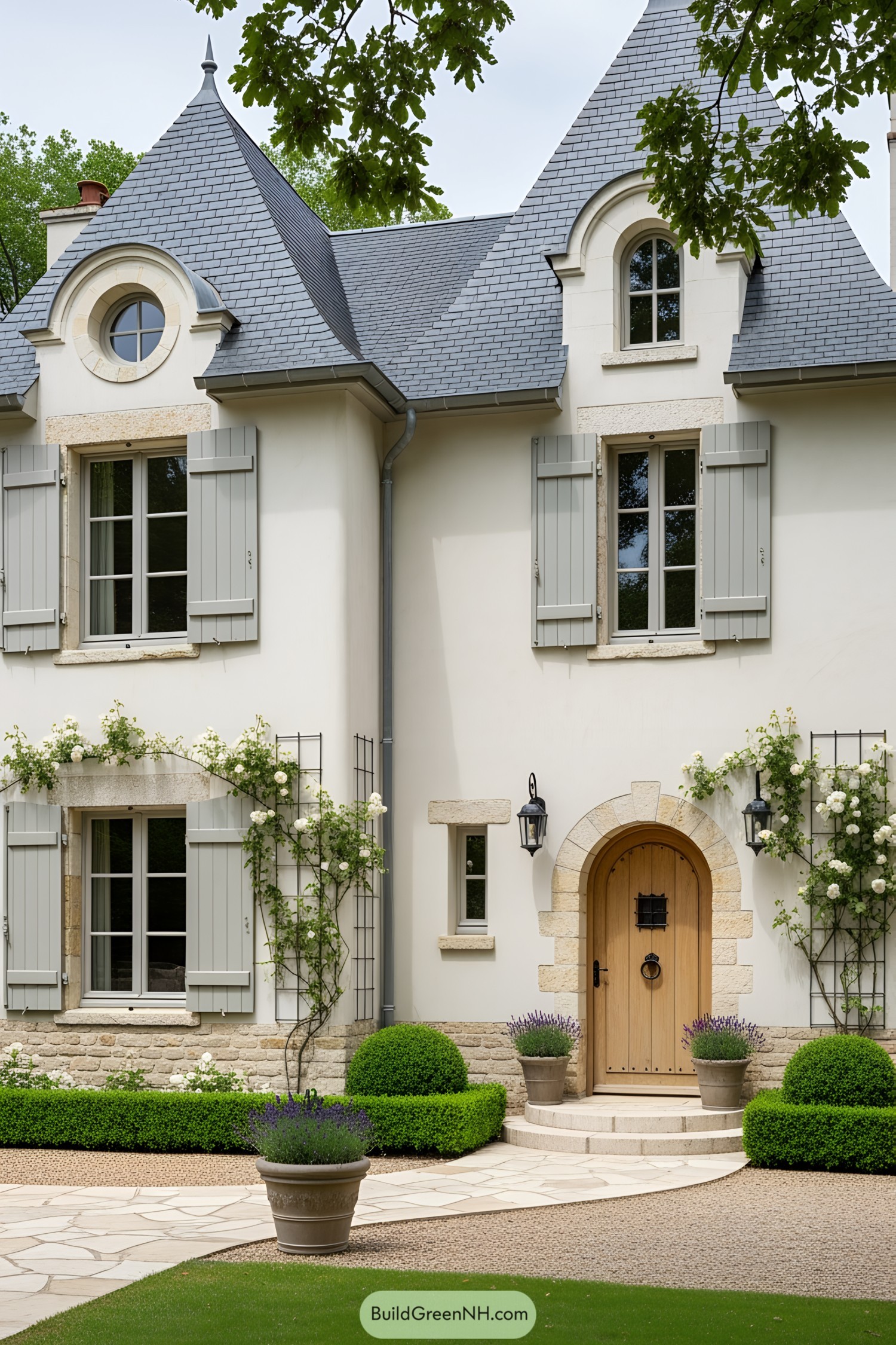 Charming French cottage with arched wooden door and slate roof