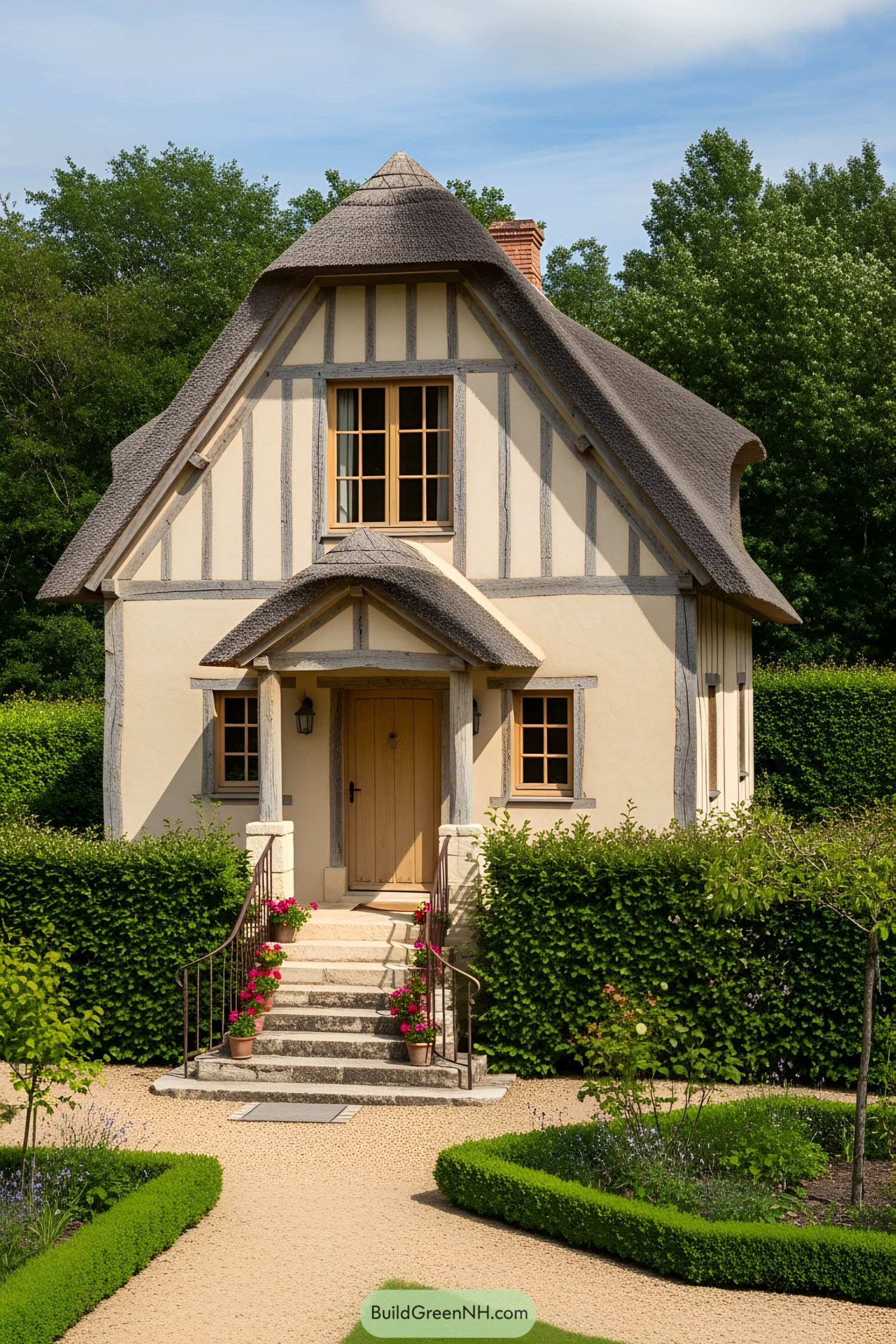 Compact timber-framed cottage with steep thatched roof