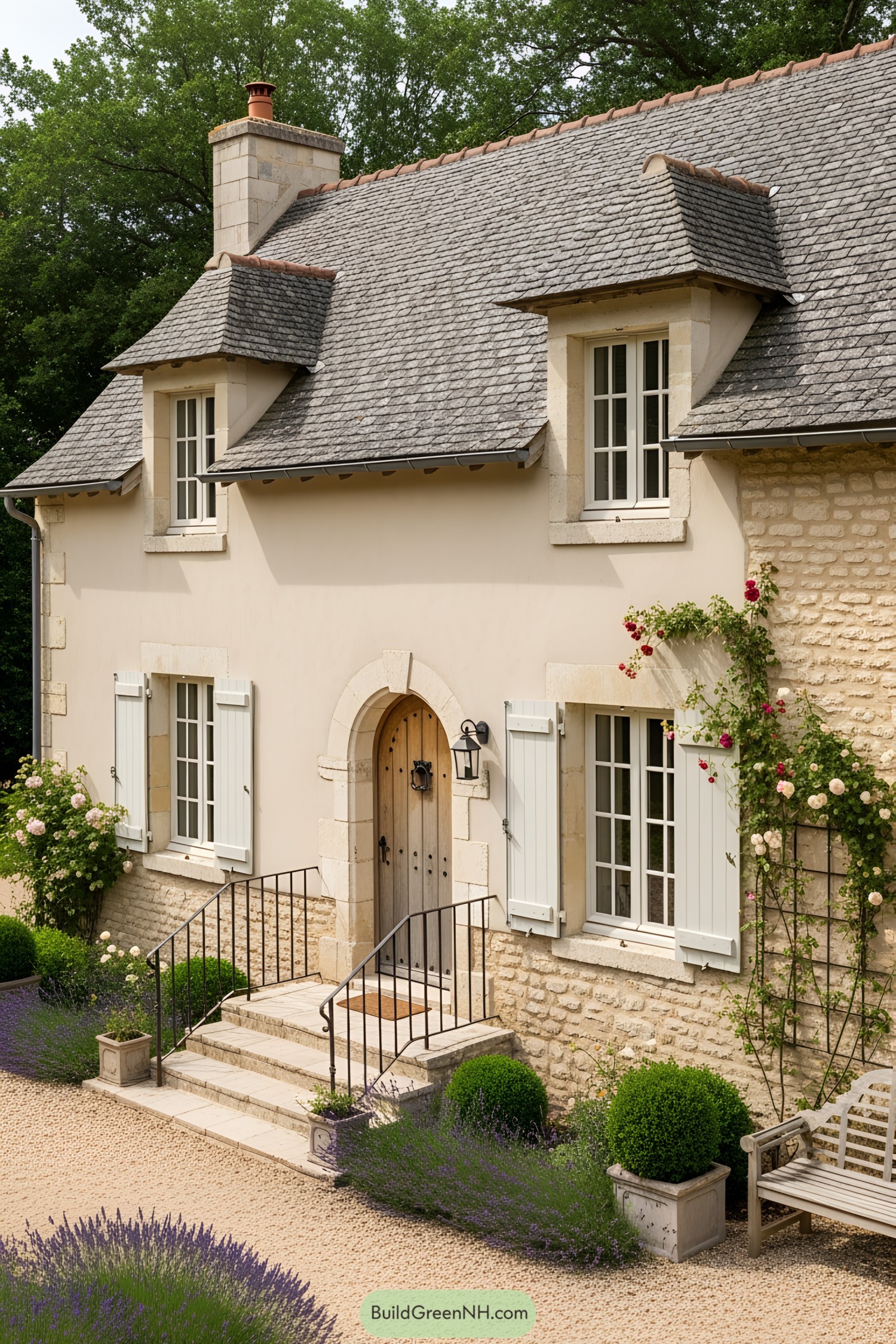 Charming stone house with white shutters and garden