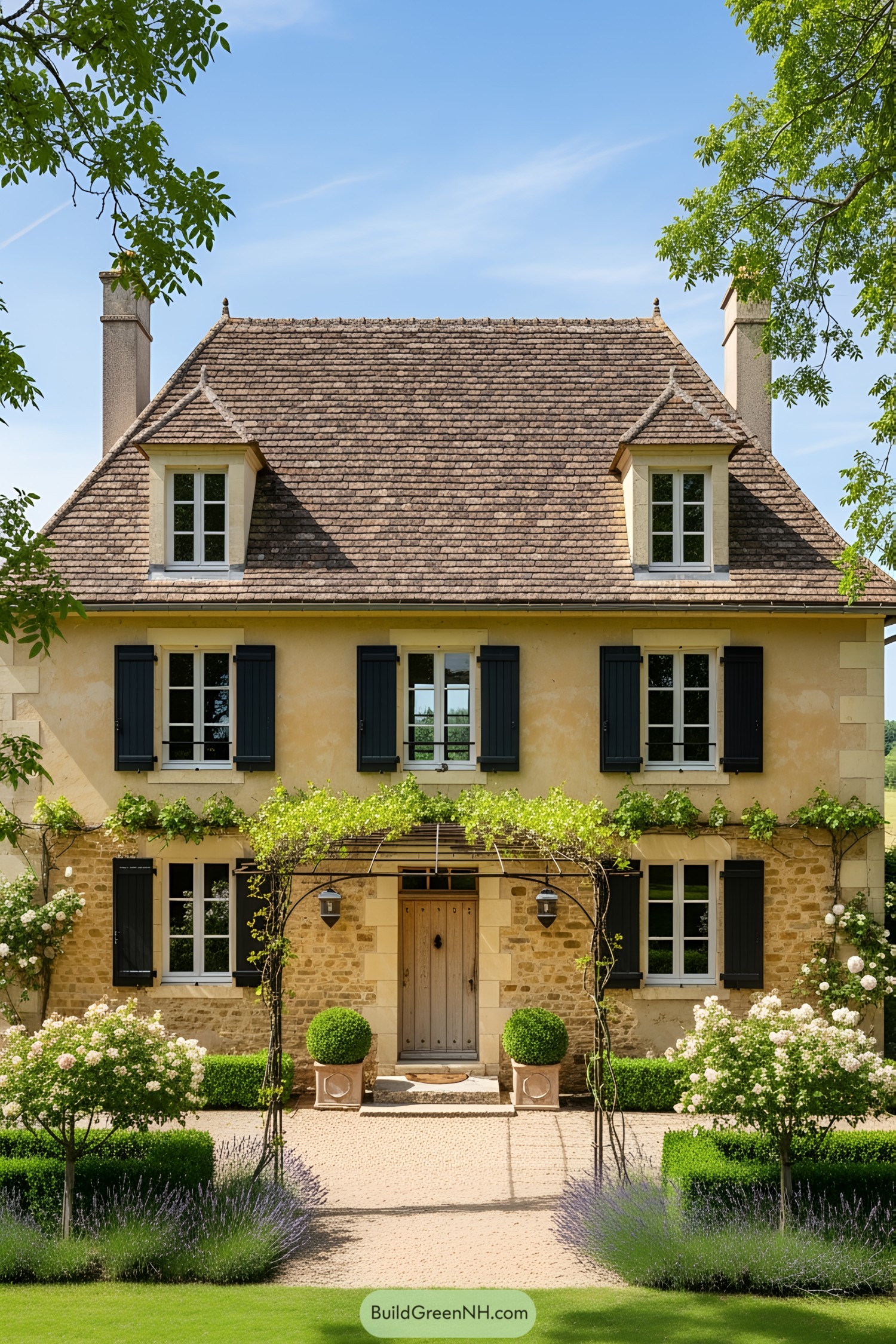Charming stone cottage with dark shutters and lush greenery