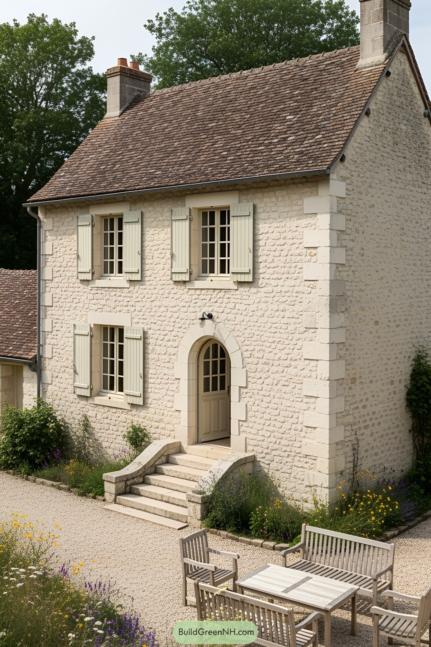 French cottage with stone walls and wooden shutters