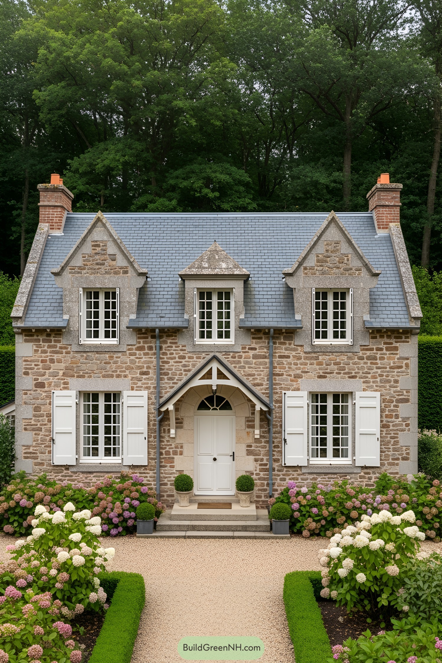 Charming stone cottage with blue roof and lush garden