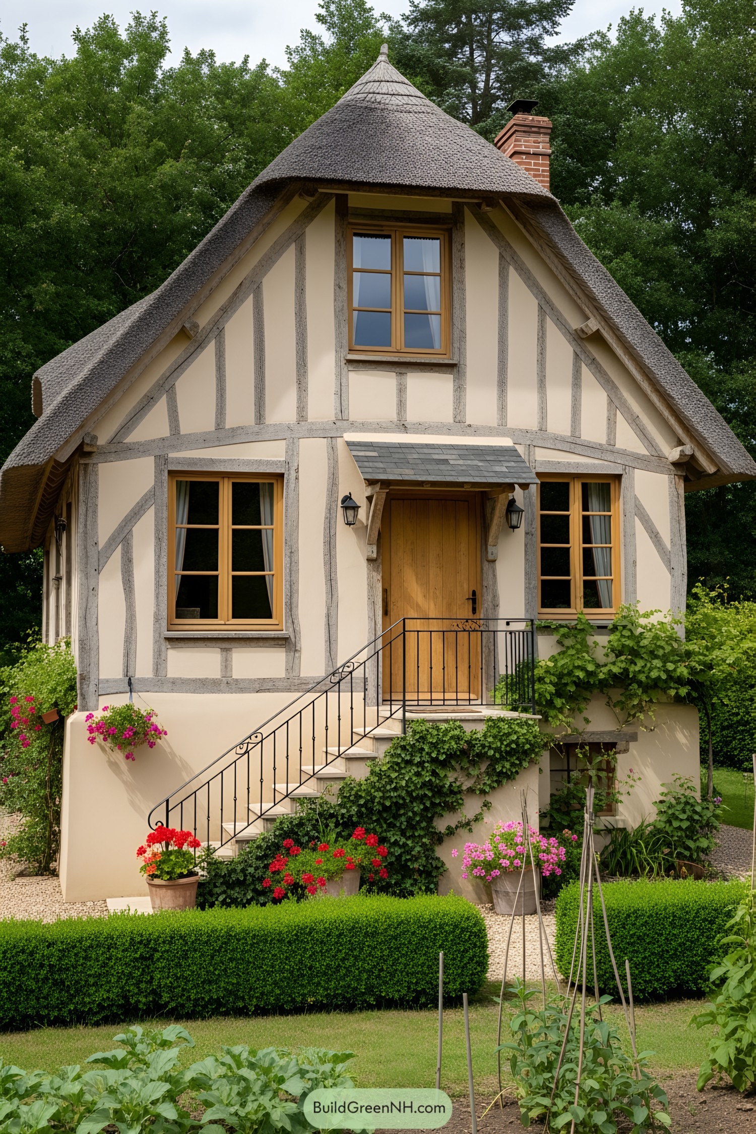 Charming French cottage with a thatched roof and lush garden