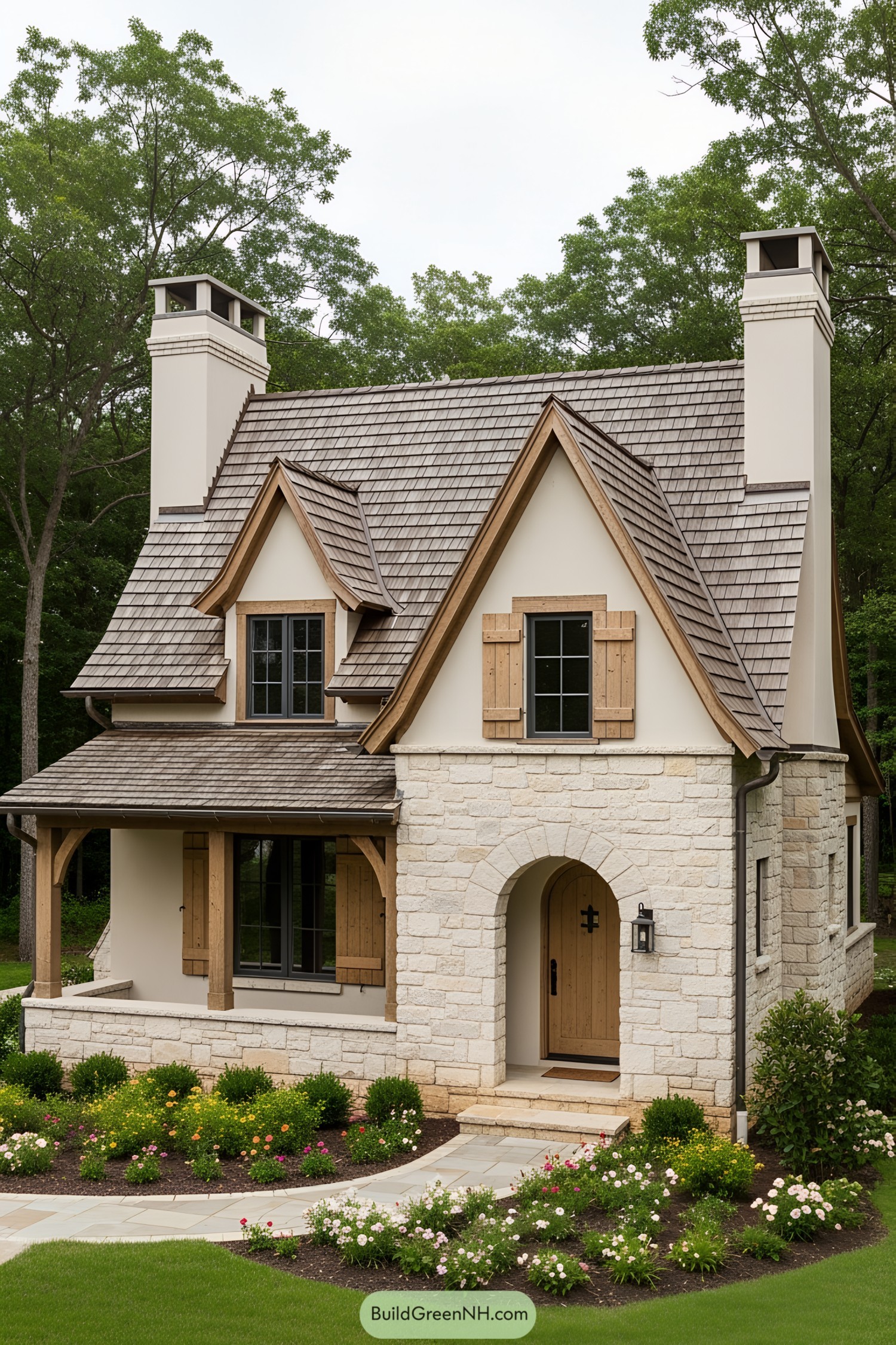 Charming stone cottage with wooden shutters and lush garden