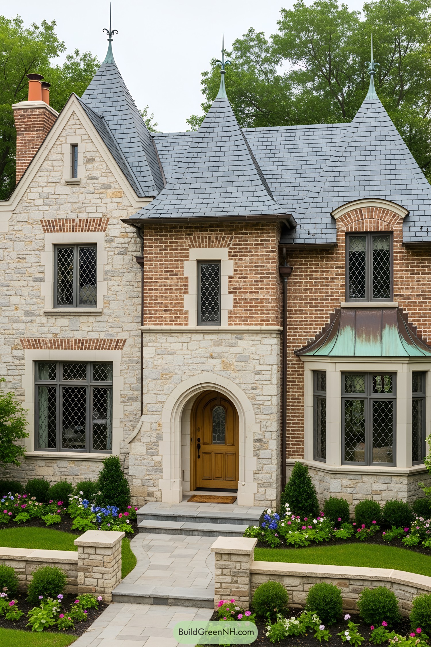 Charming stone and brick cottage with pointed rooftops and lush garden