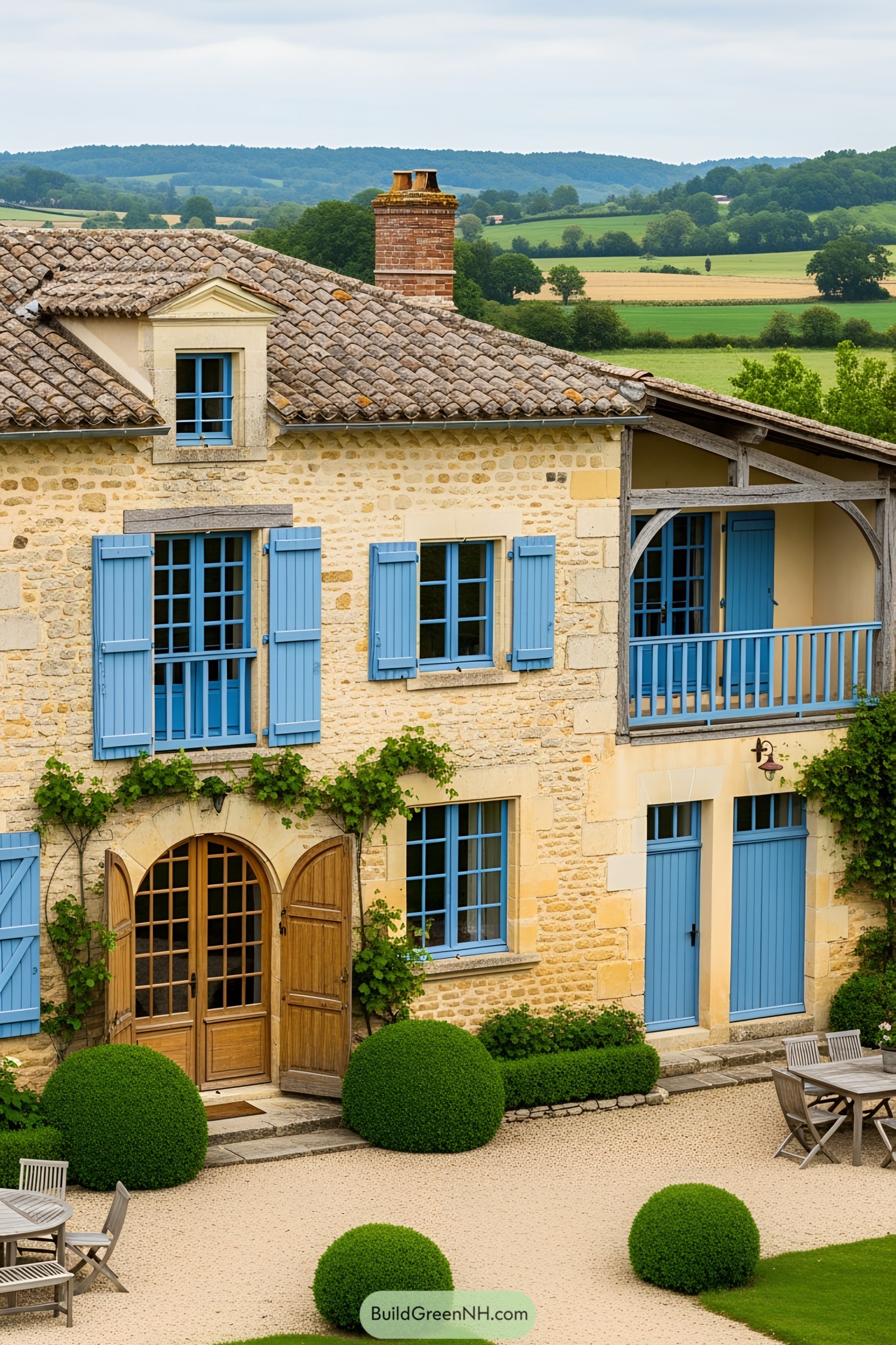 Stone cottage with blue shutters and lush greenery