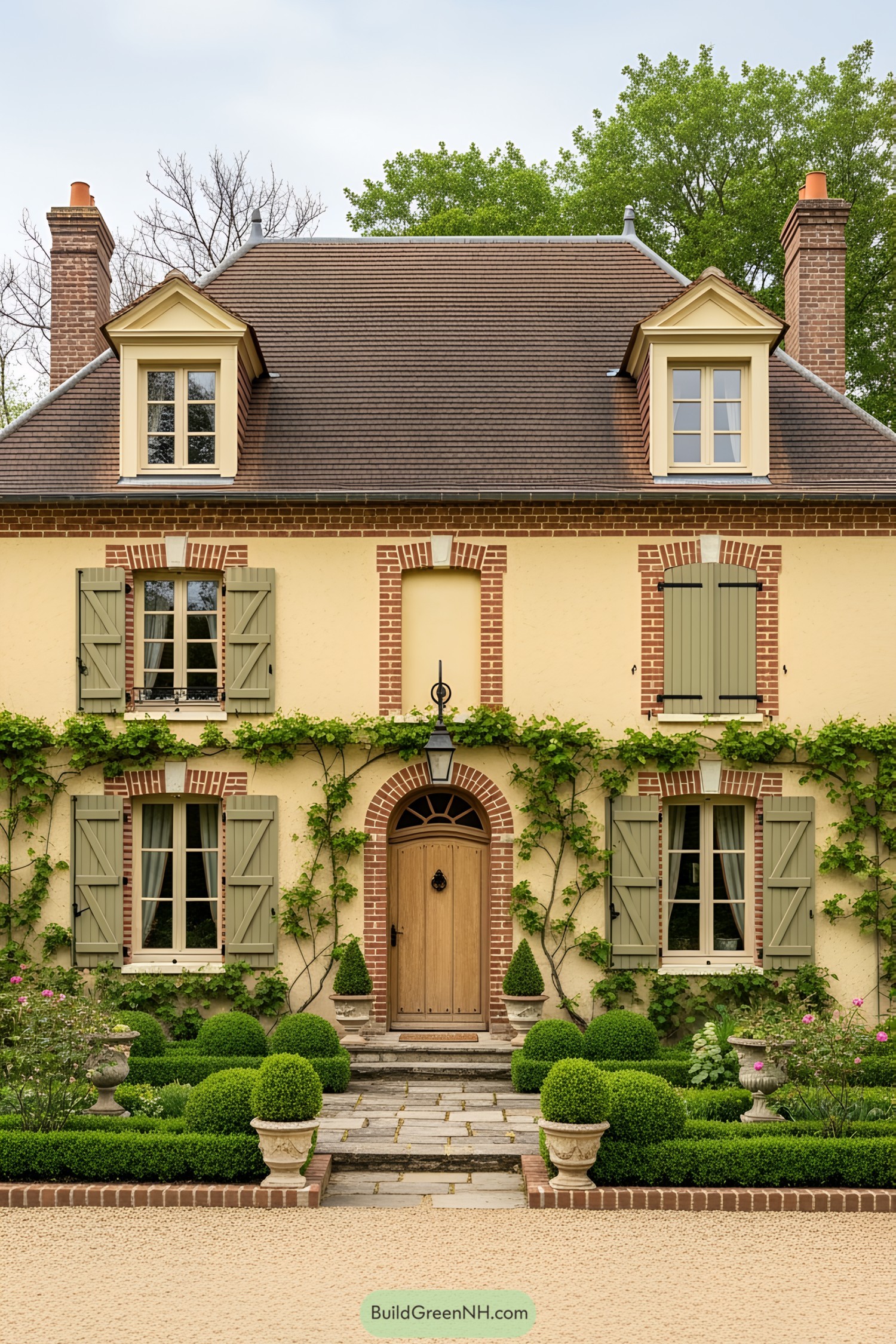 Charming French cottage with green shutters and lush garden