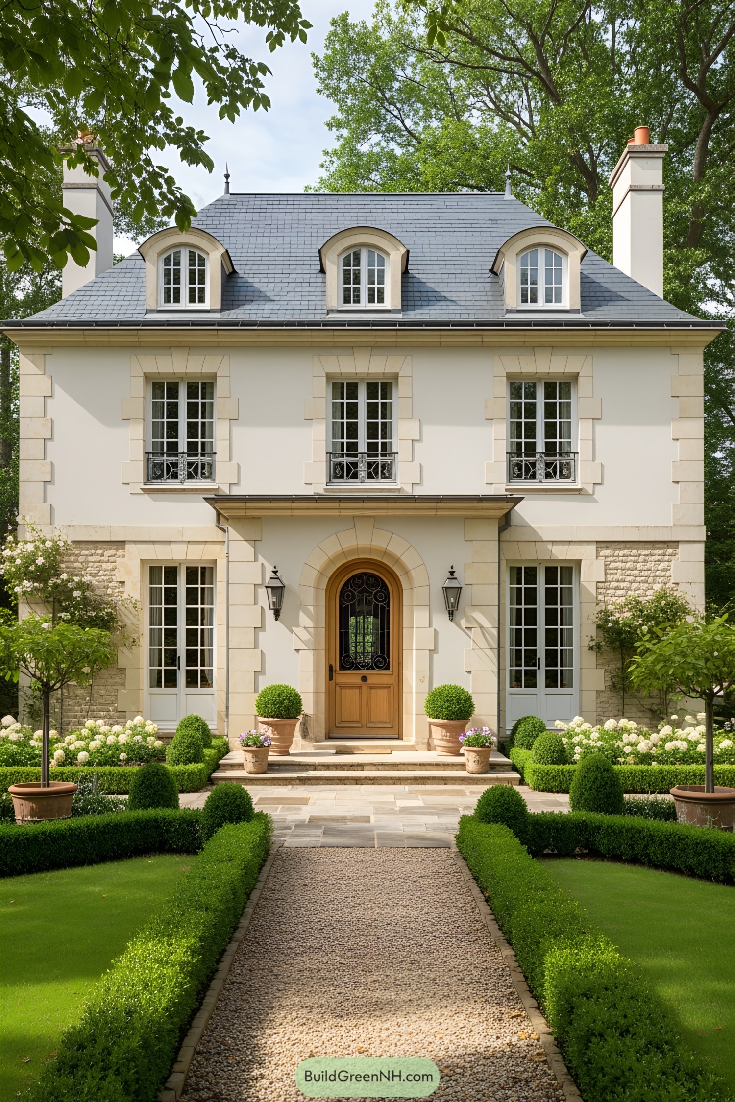 Charming French cottage with symmetrical architecture and lush landscaping