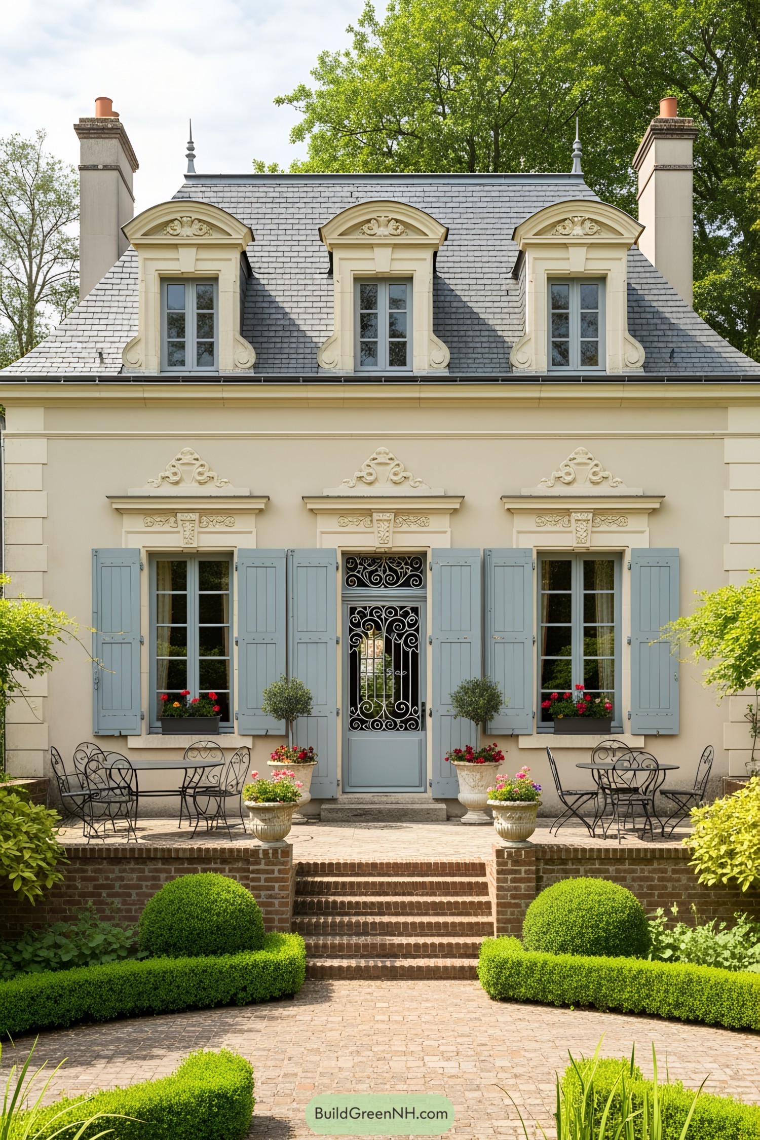 Elegant French country cottage with blue shutters and manicured garden