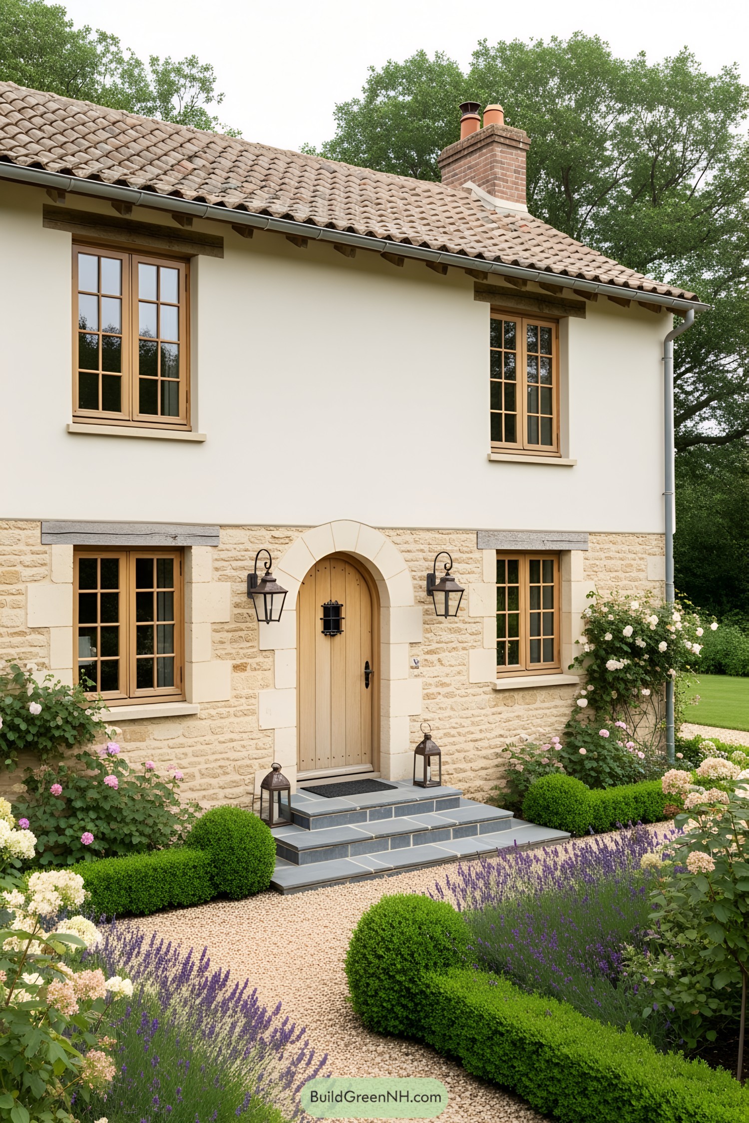 French country cottage with a stone facade and lavender