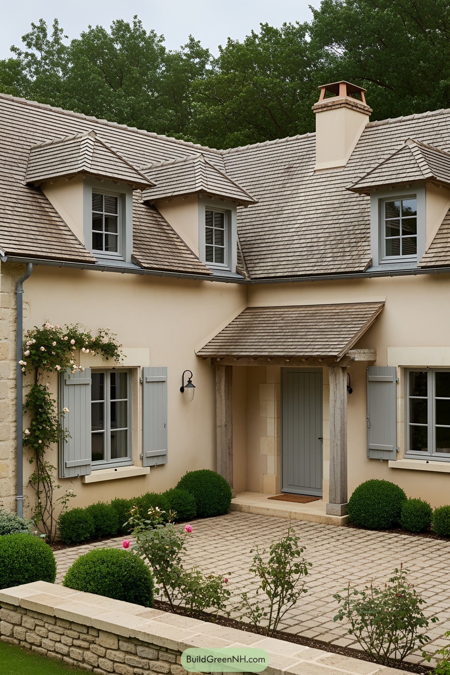 Charming French cottage with gray shutters and lush greenery