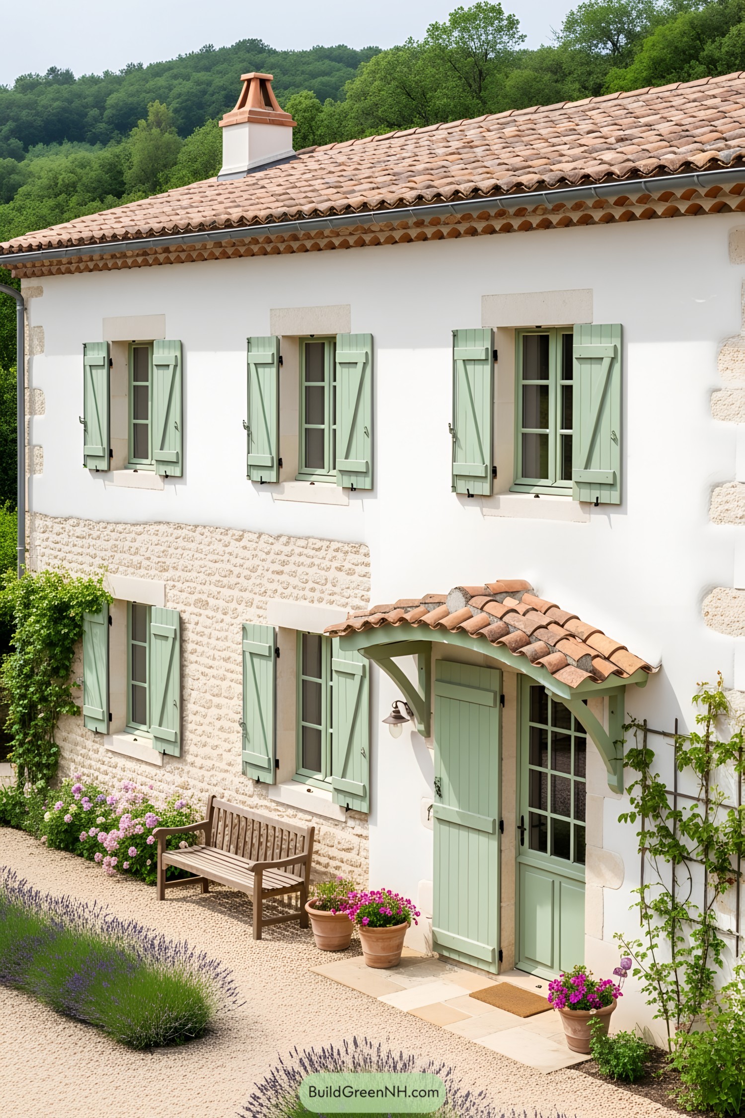 Charming white cottage with light green shutters and a tile roof