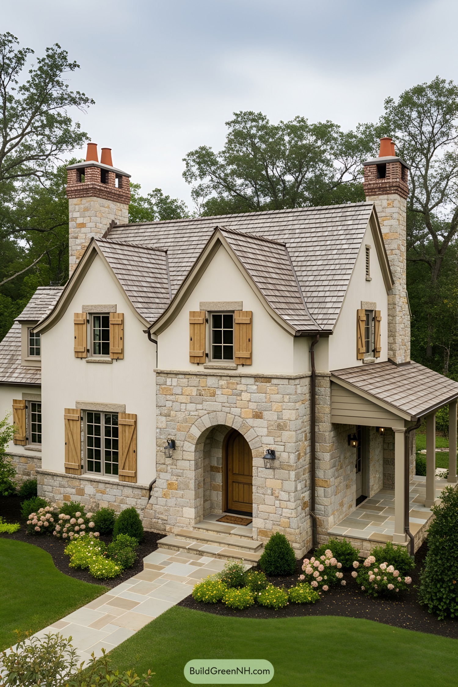 Charming stone cottage with wooden shutters and lush greenery