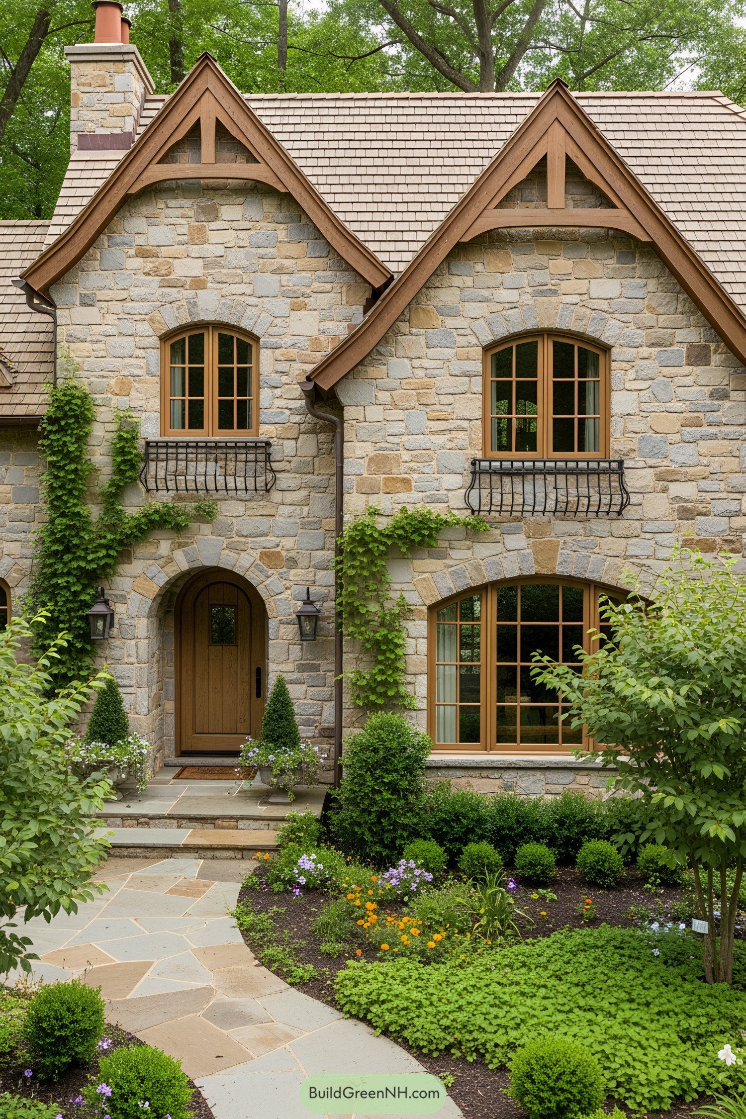 Classic stone cottage facade with arch windows and lush greenery