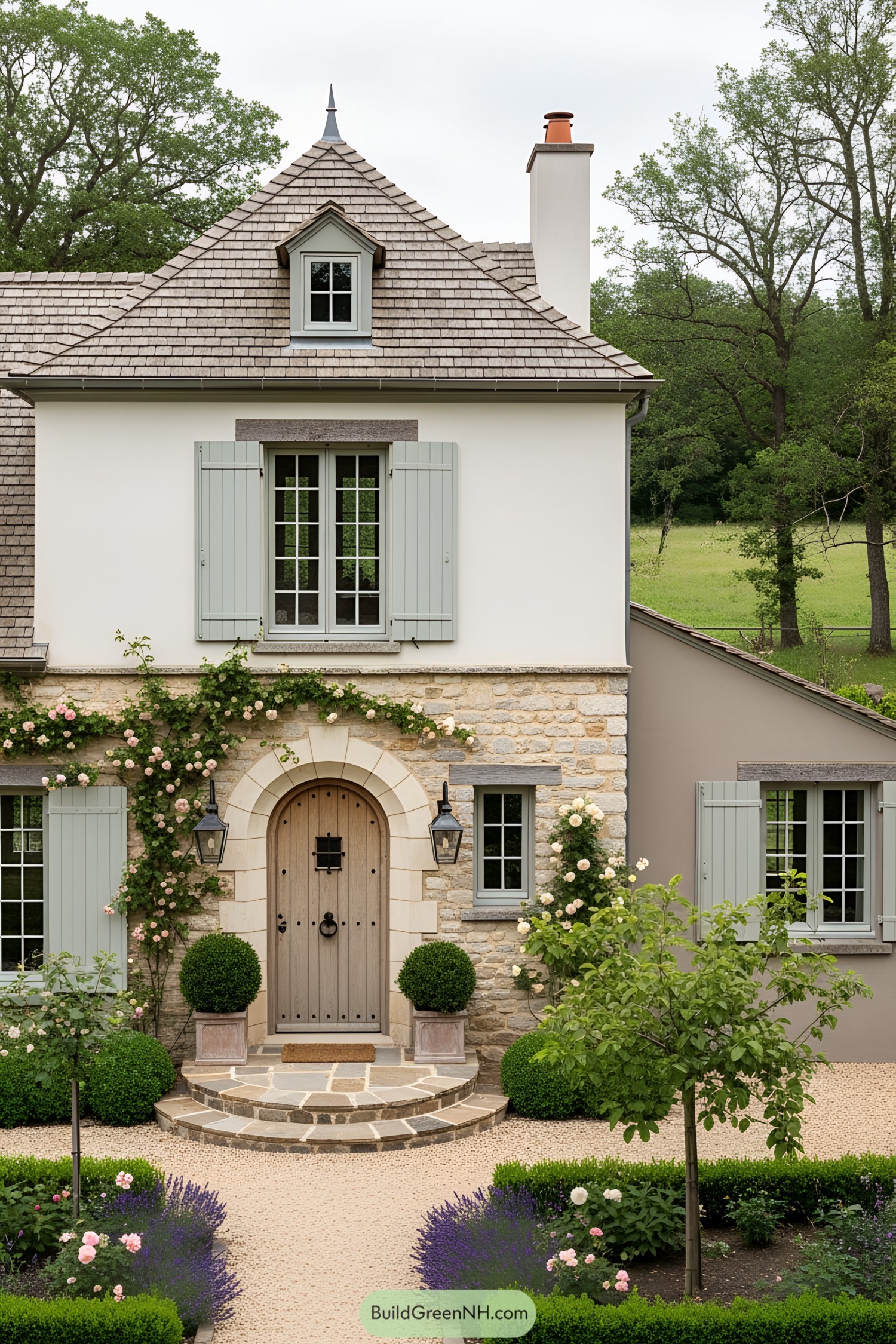 Charming stone cottage with lavender blooms in front