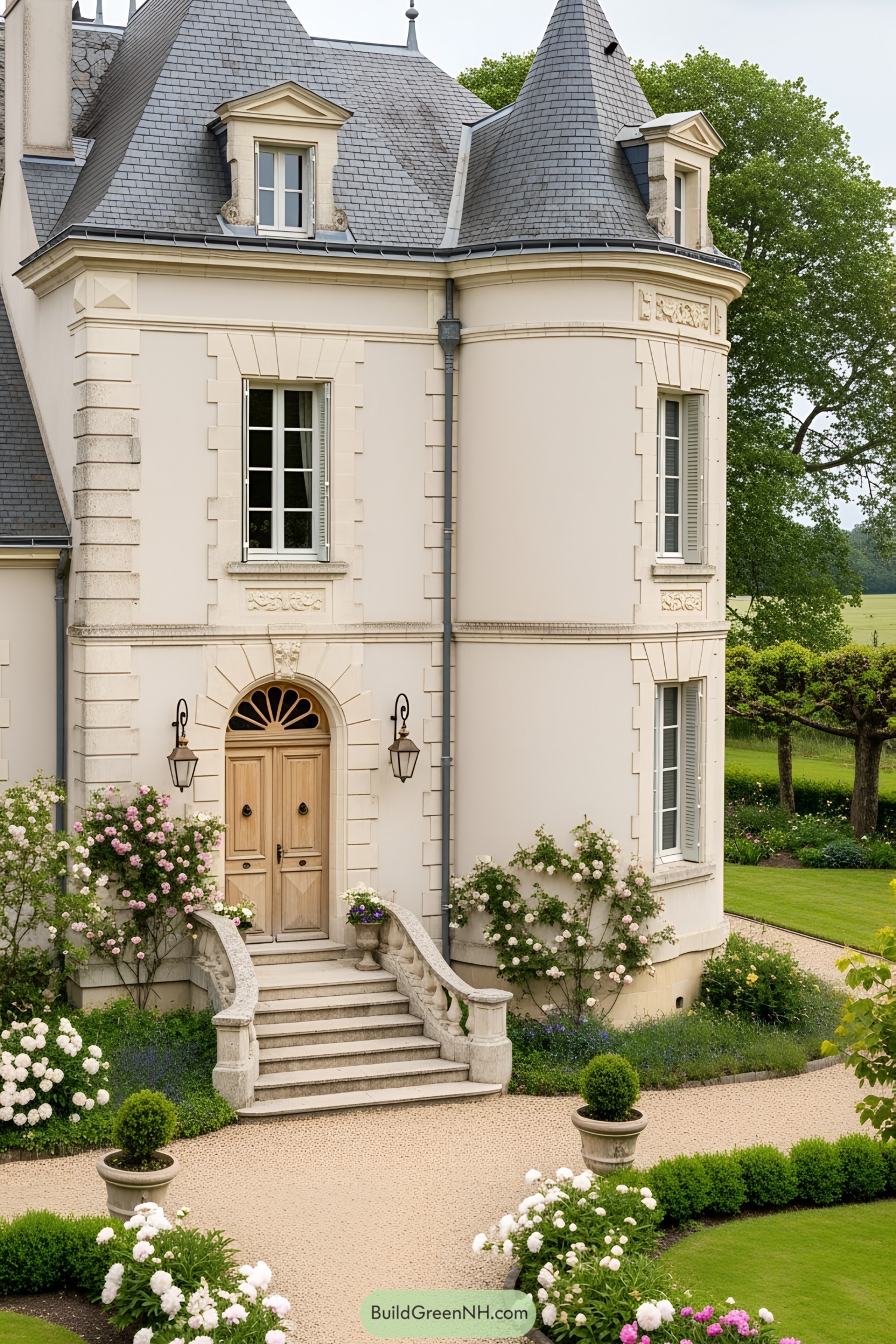 Classic French cottage with turret and garden path