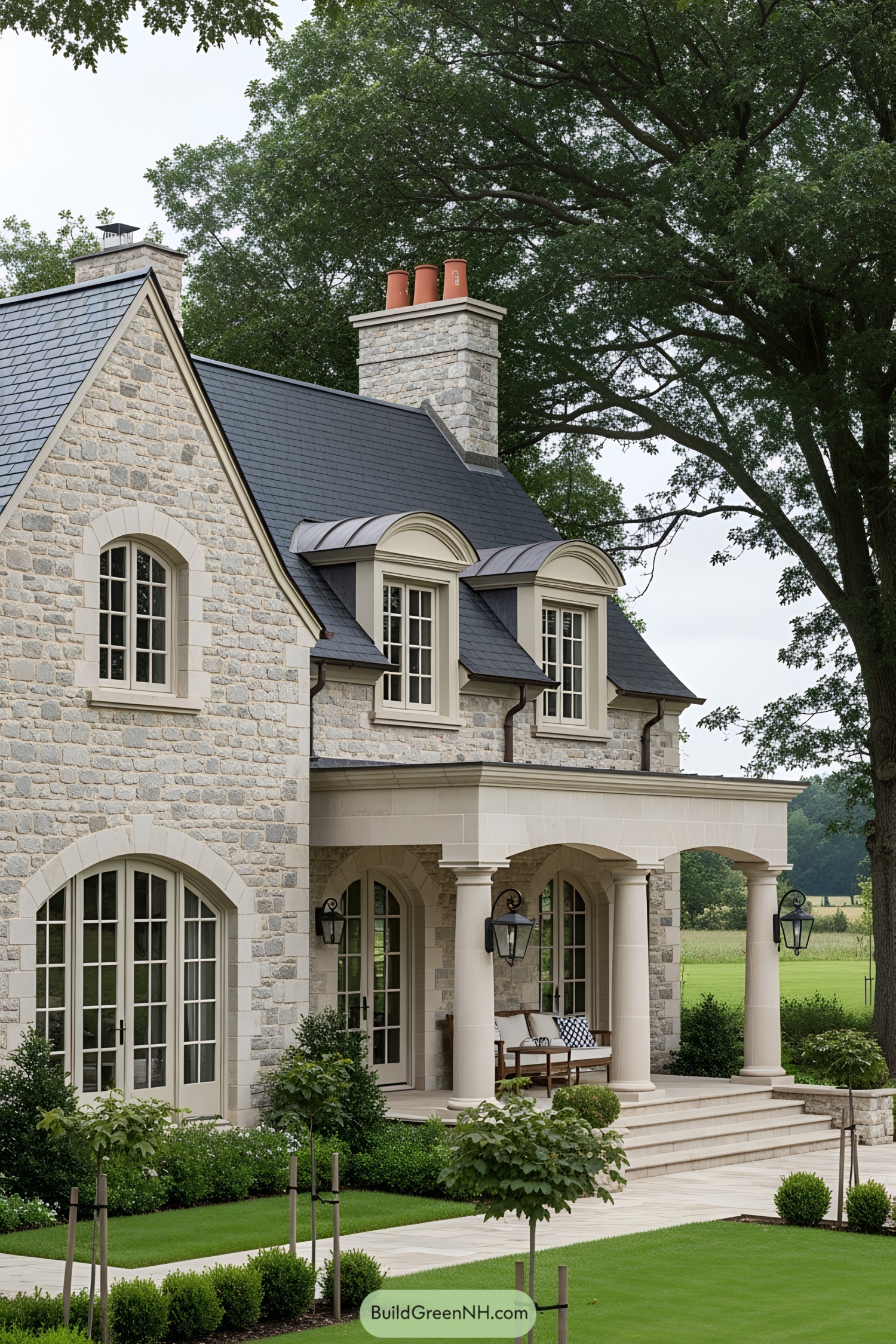 Charming stone cottage with arched windows and lush greenery