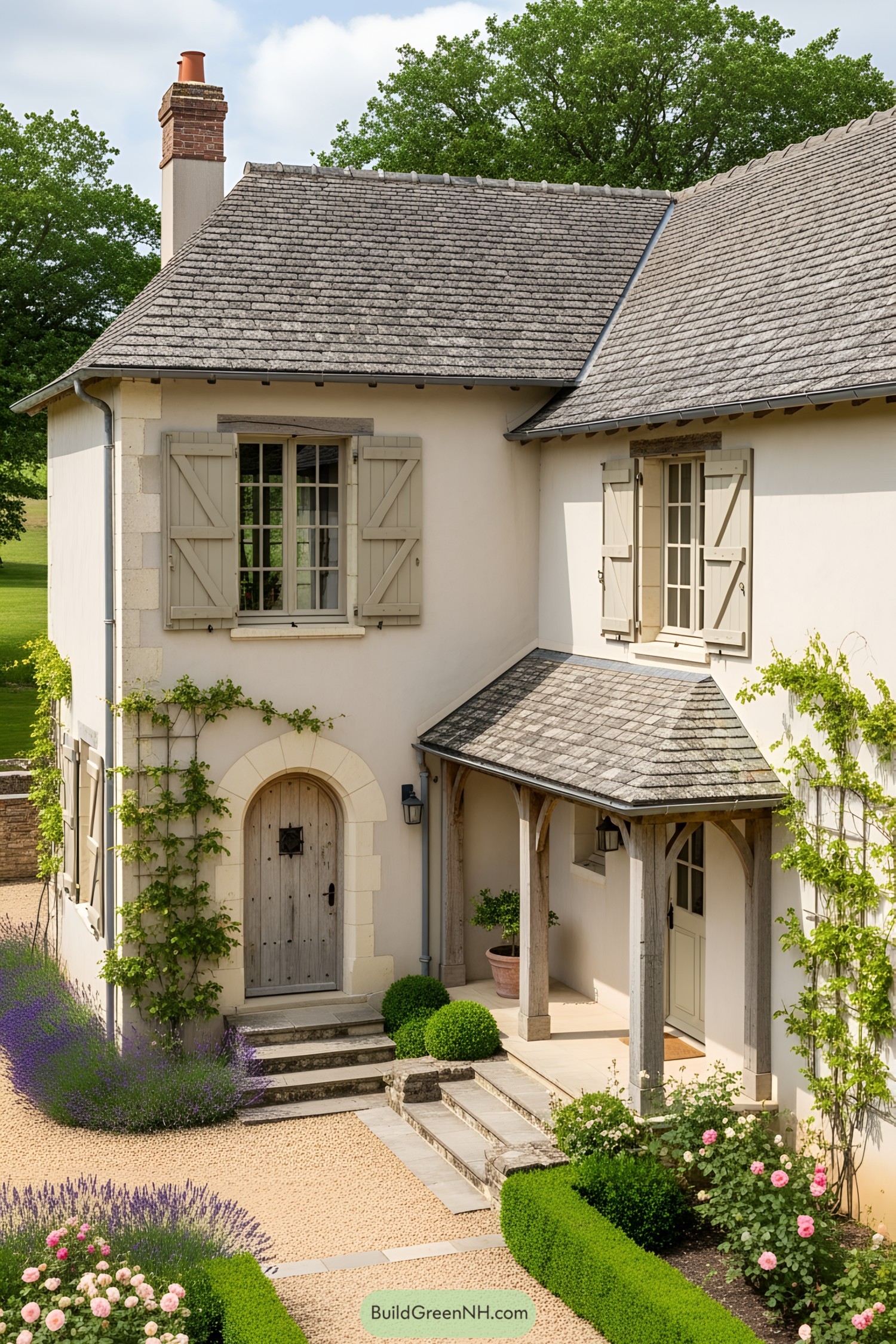 Charming cottage with rustic door and lush garden