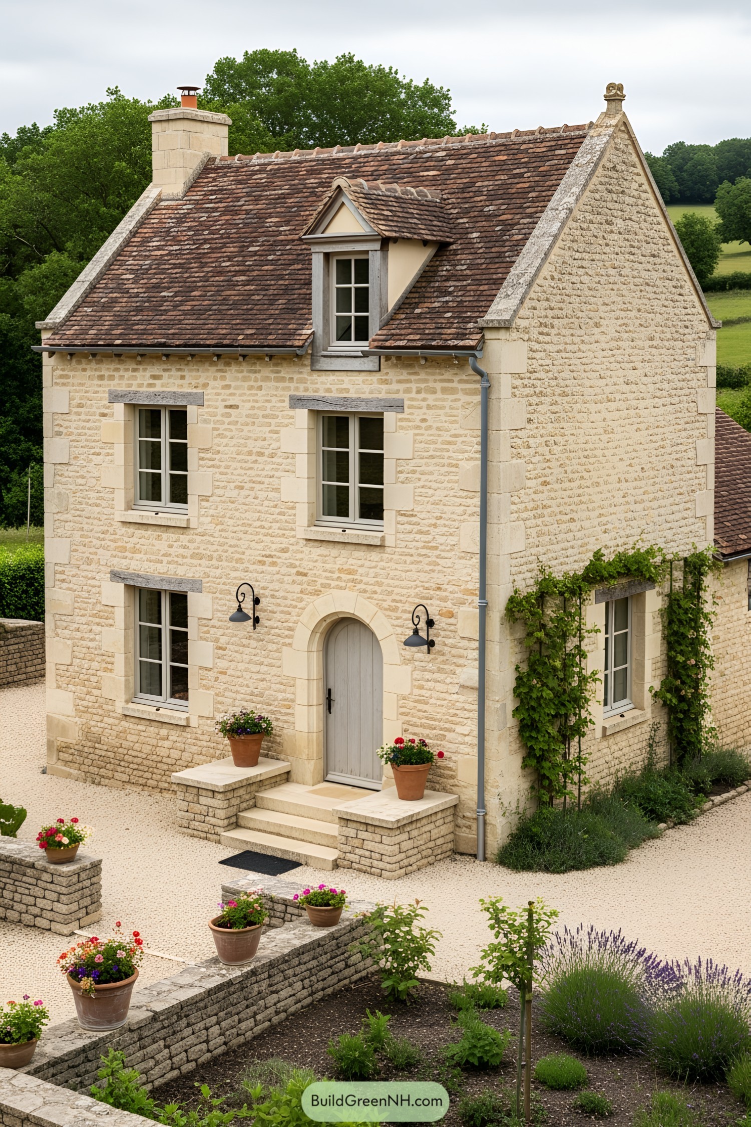 Charming stone cottage in the French countryside with vibrant foliage