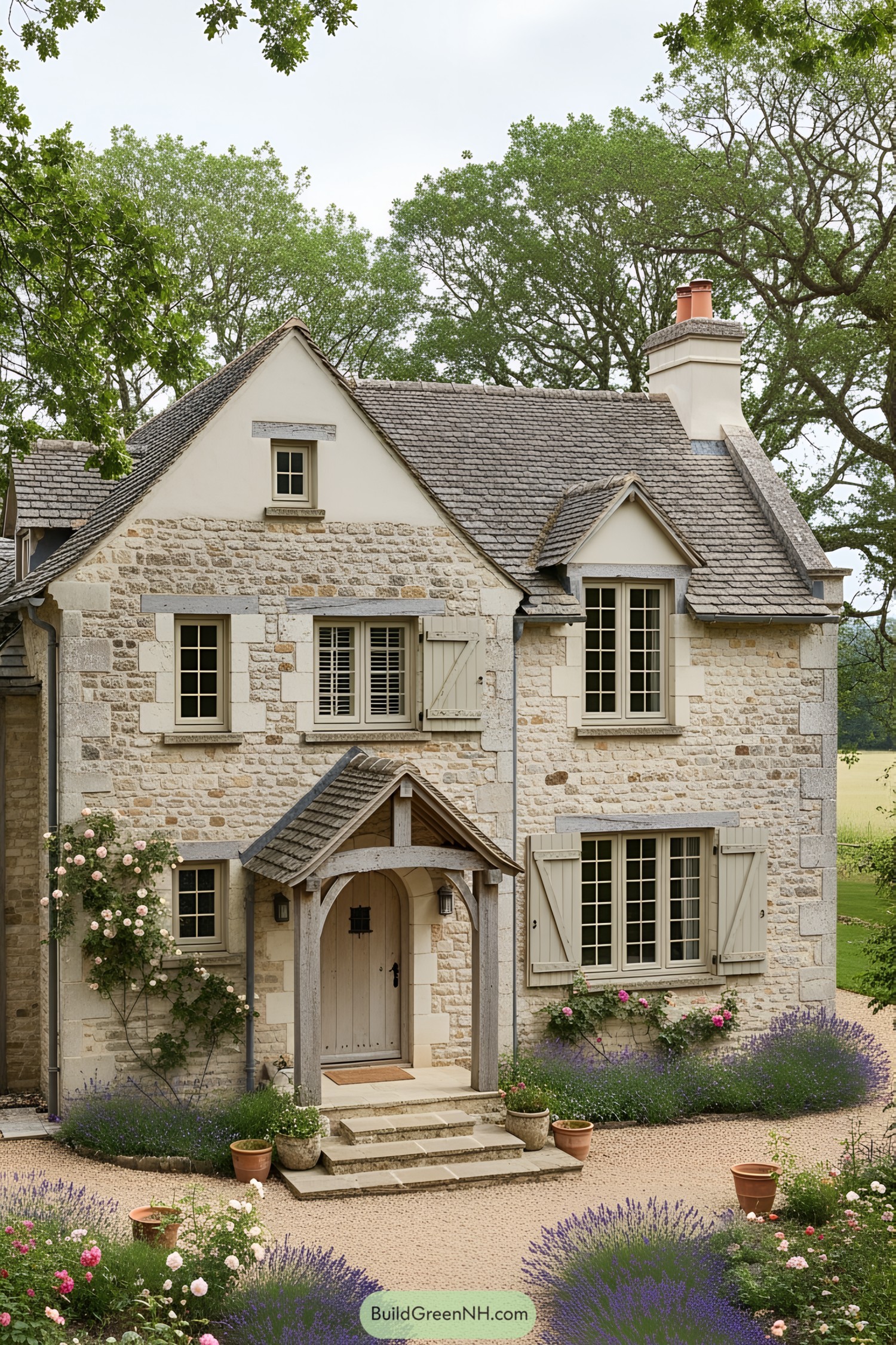 Stone cottage with lavender bushes and wooden shutters