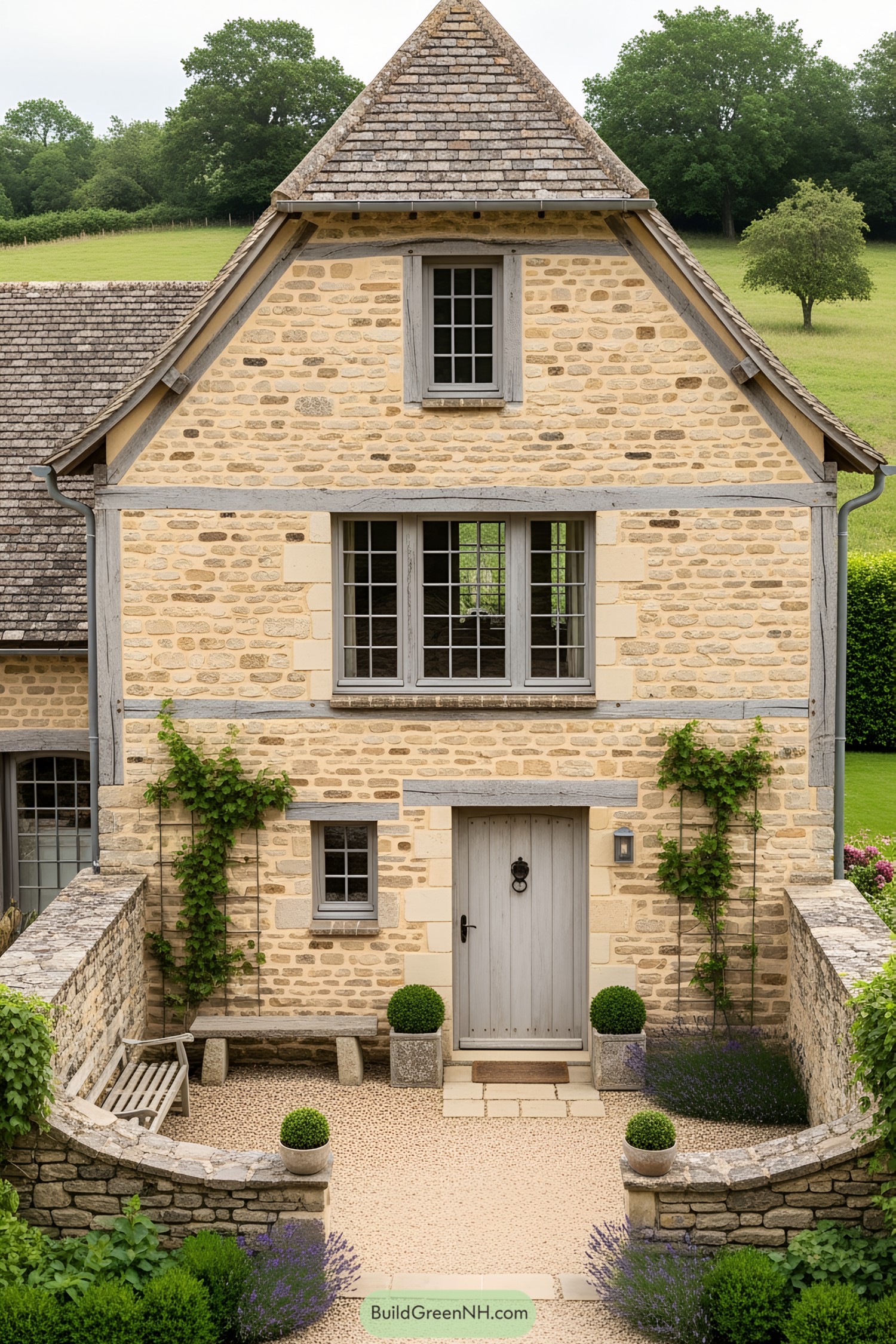 Stone cottage with pale wood door and tidy garden