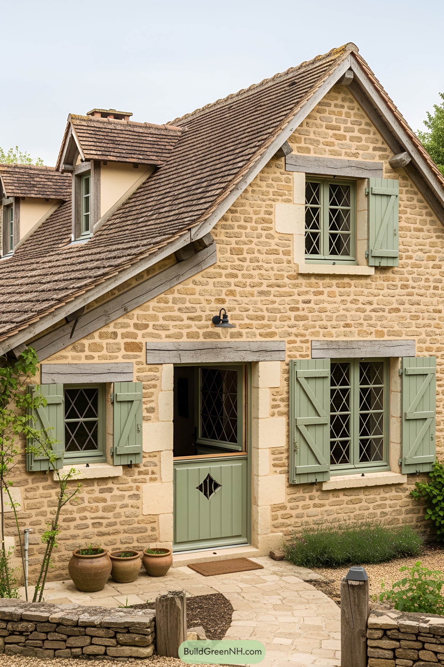 Quaint stone cottage with wooden shutters