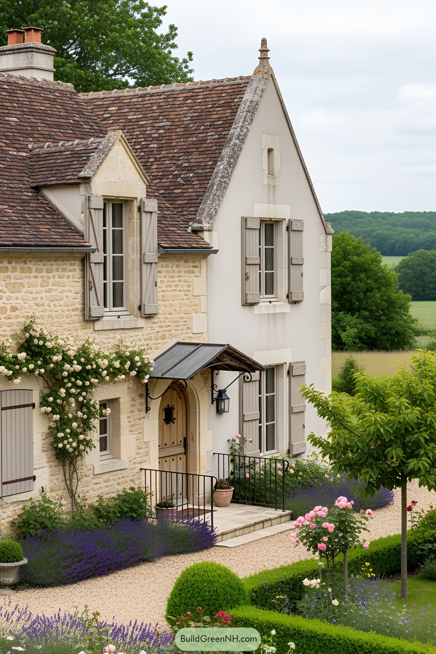 Charming rustic cottage with roses and lavender
