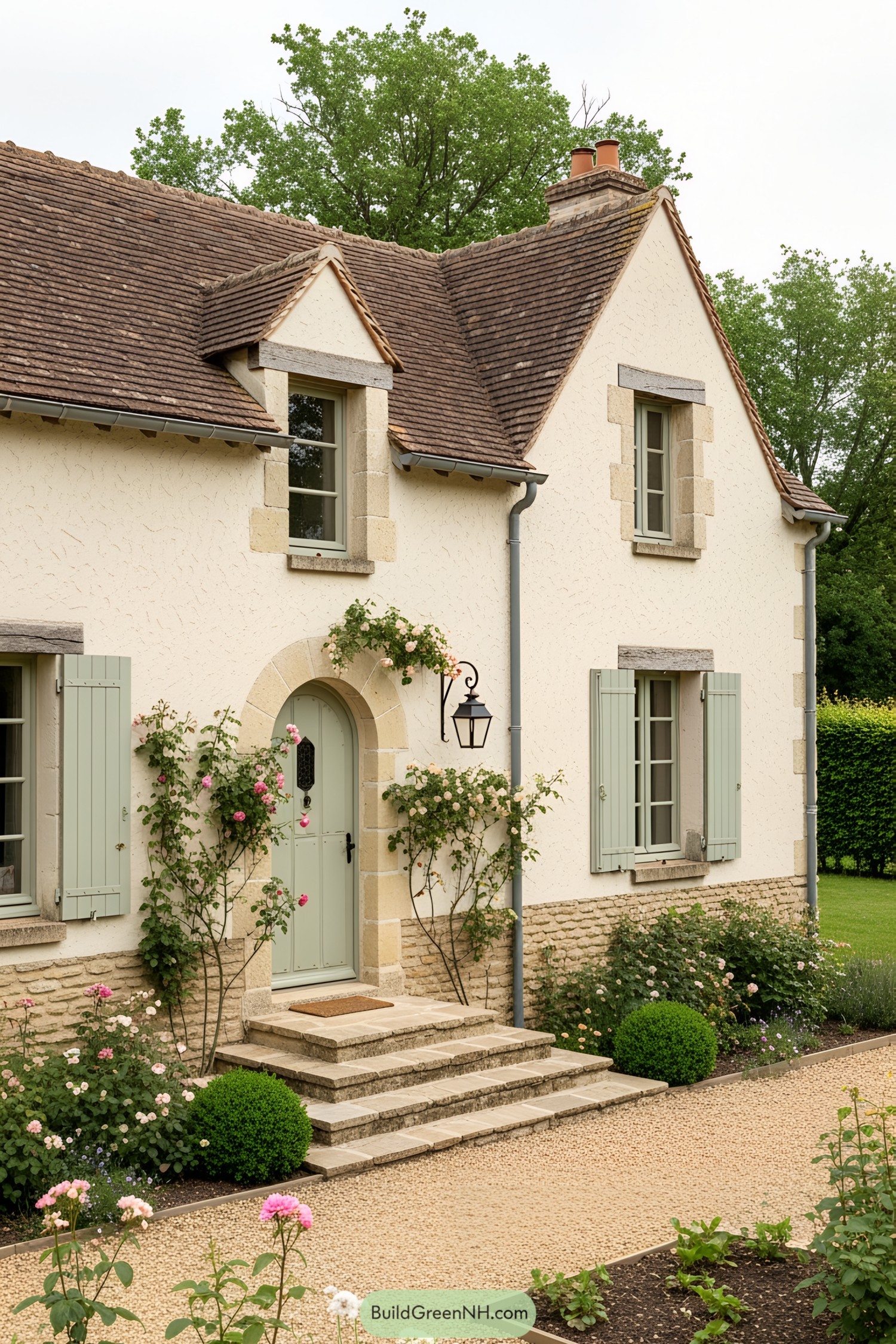 Charming French cottage with green shutters and blooming roses