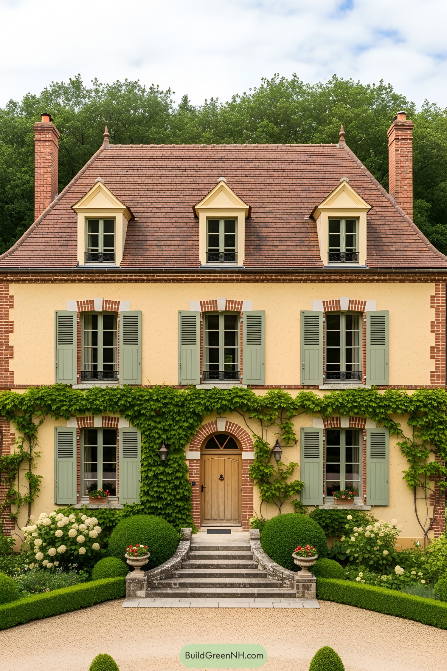 French cottage with ivy-covered walls and green shutters