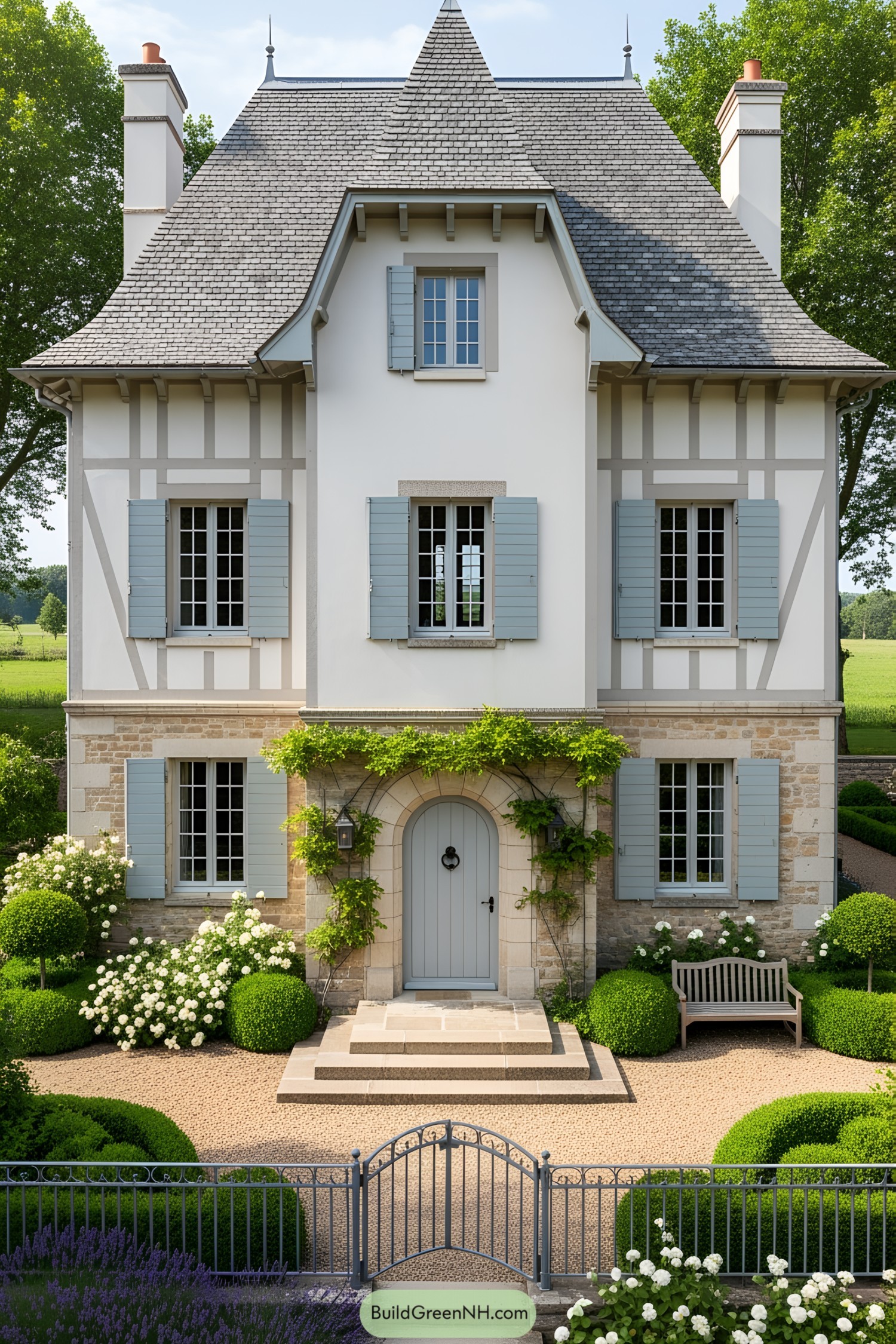 Charming cottage with sky-blue shutters and lush greenery