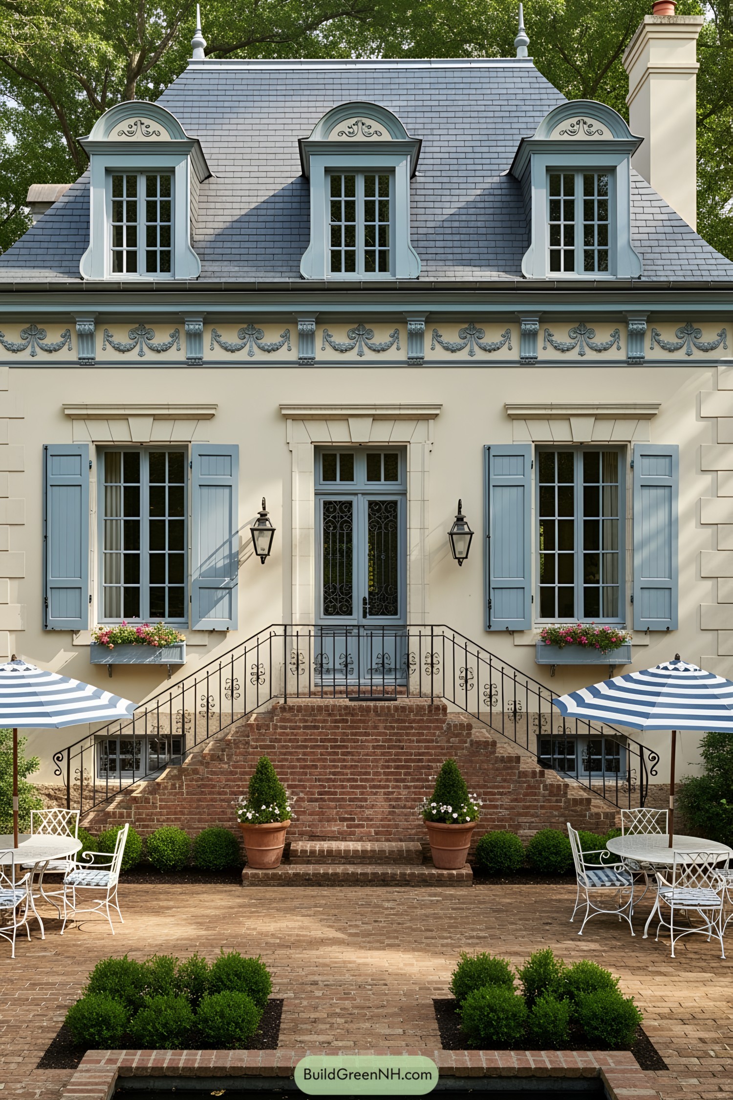 Charming French cottage with blue accents and lush garden