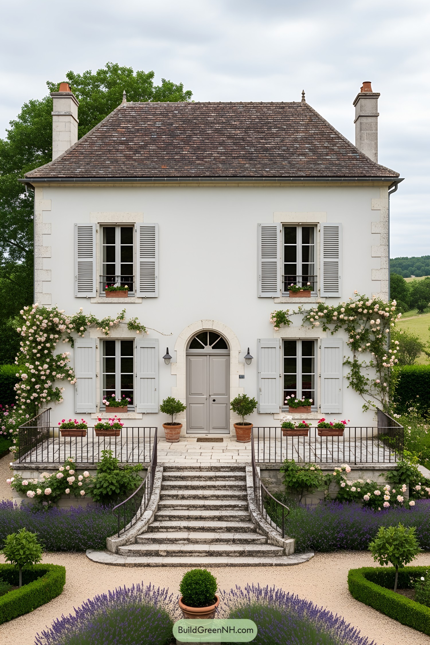 Charming white cottage with lavender garden and stone steps